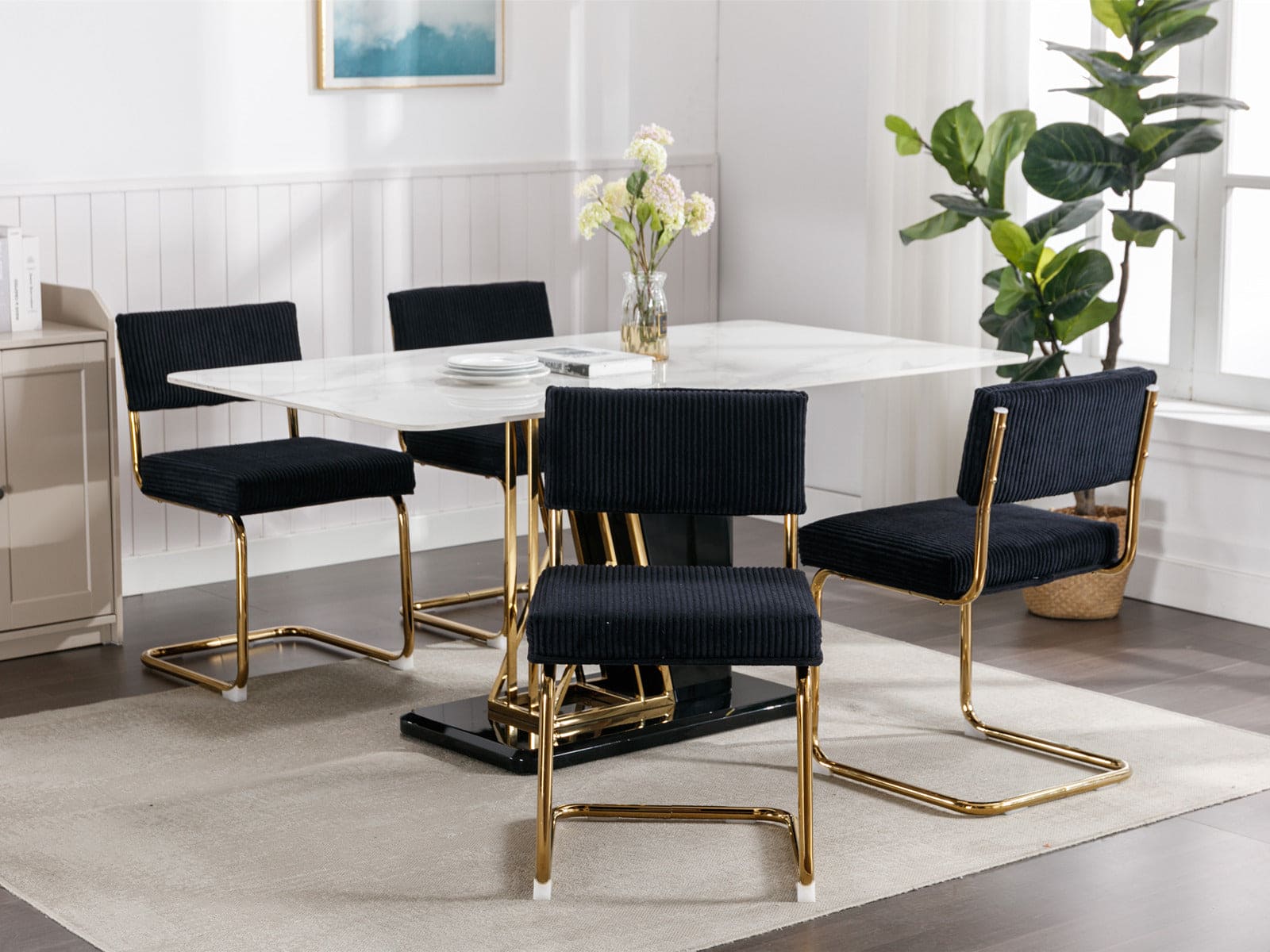 A&A Furniture,Modern Dining Chairs with Corduroy Fabric,Gold Metal Base, Accent Armless Kitchen Chairs with Channel Tufting, Side Chairs, Set of 2, Black