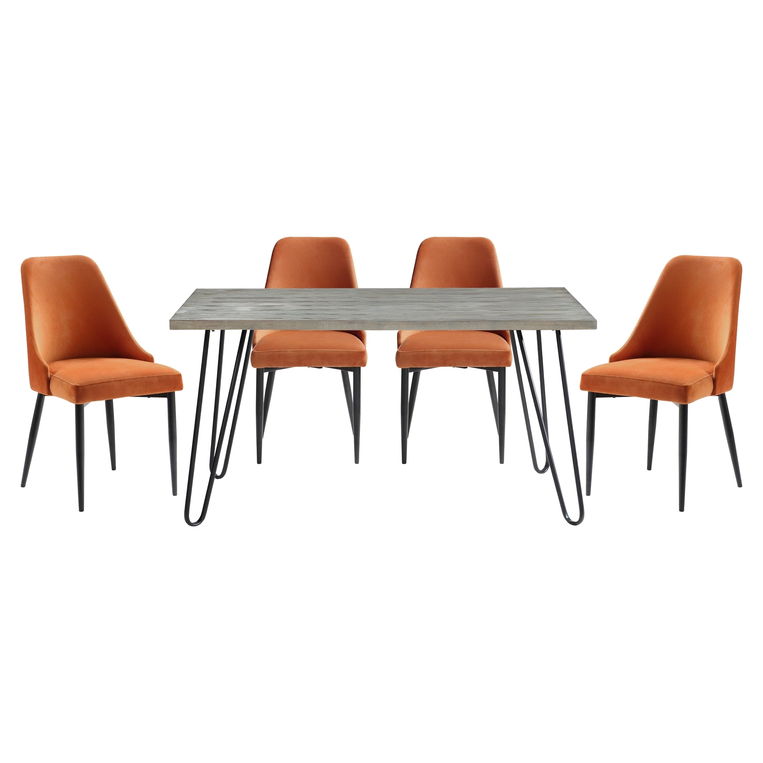 Modern Sleek Design 5pc Dining Set Table and 4x Side Chairs Orange Velvet Casual Metal Frame Stylish Dining Furniture