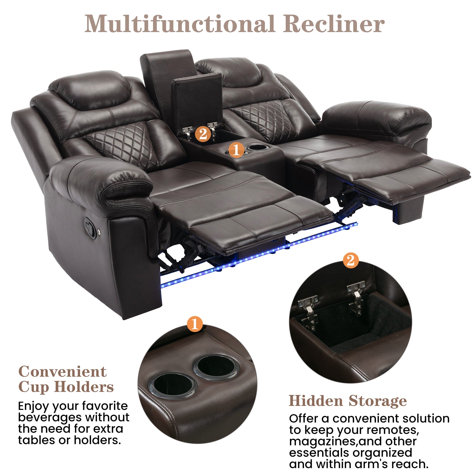 Home Theater Seating Manual Recliner Loveseat with Hide-Away Storage, Cup Holders and LED Light Strip for Living Room, Brown