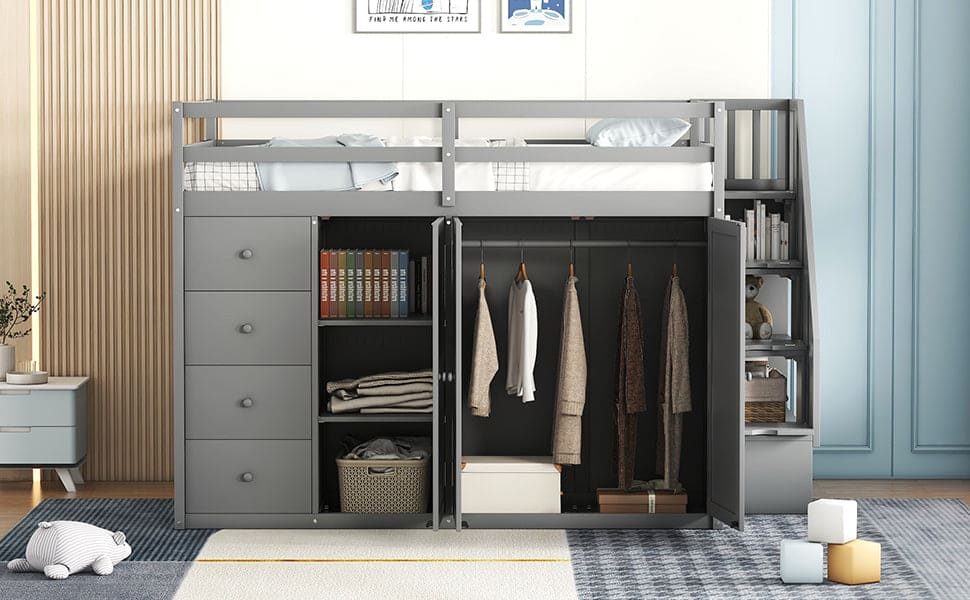 Full Size Wood Loft Bed With Built-in Wardrobes, Cabinets and Drawers, Gray