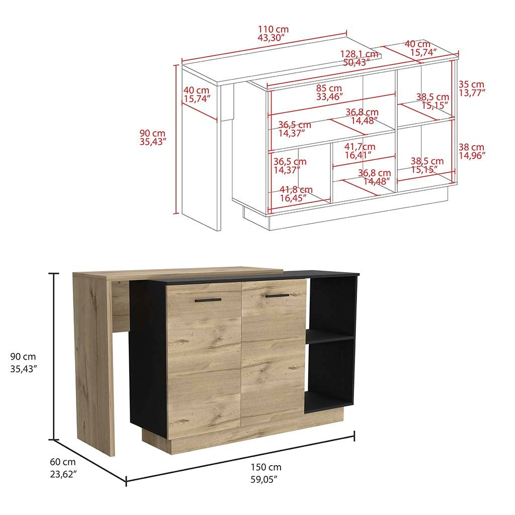 Sicilia Kitchen Island, Two  External Shelves, Double Door Cabinets, Three Shelves -Black / Light Oak