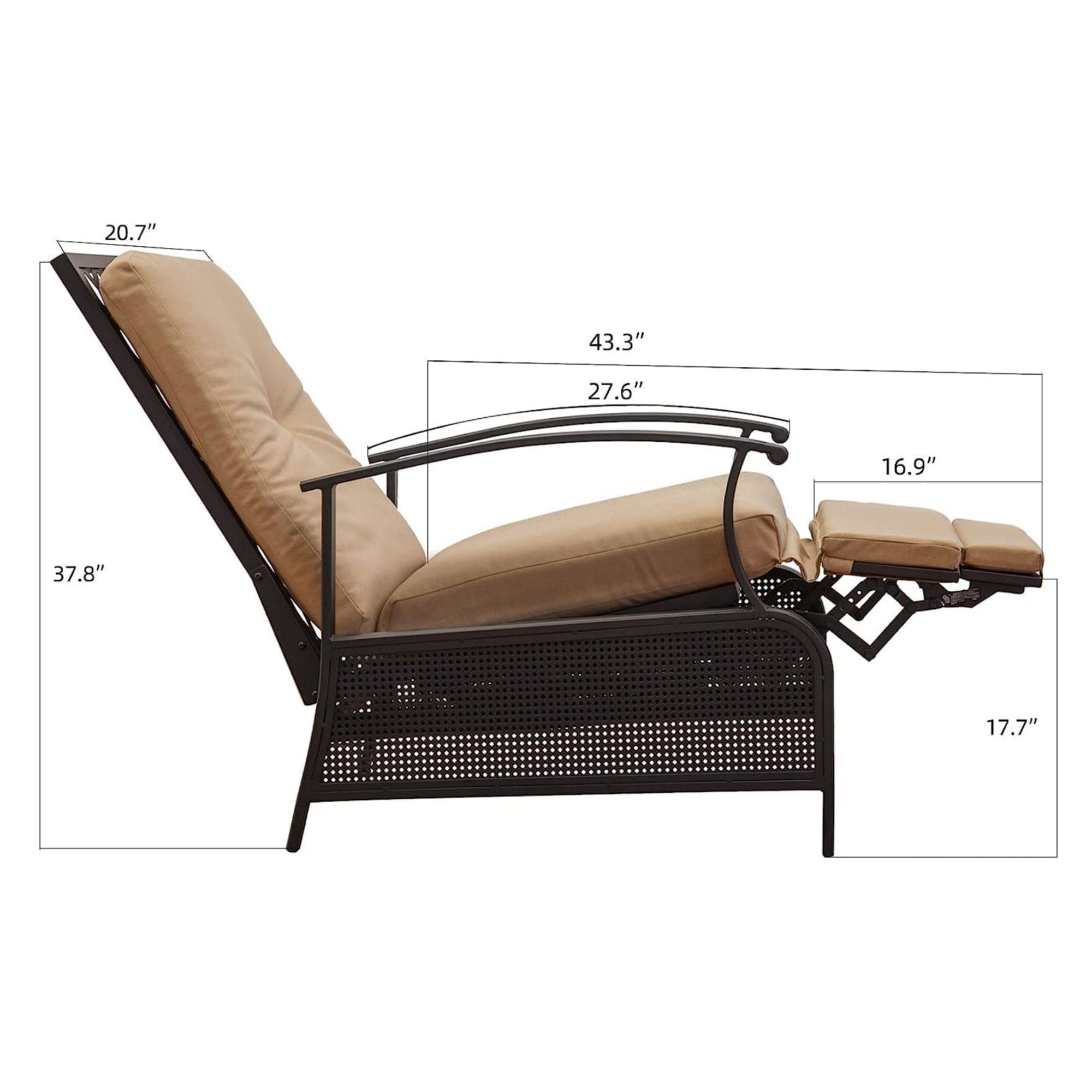 Patio Recliner Chair with Cushions,Outdoor Adjustable Lounge Chair,Reclining Patio Chairs with Strong Extendable Metal Frame for Reading,Garden,Lawn (Khaki, 1 Chair)