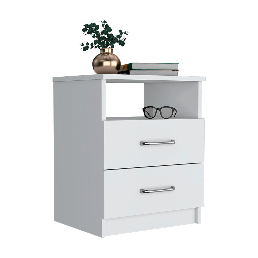 Nightstand Olienza, Two Drawers, One Shelf, White Finish