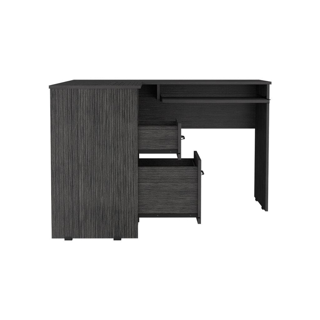 L-Shaped Desk Bradford, Keyboard Shelf, Smokey Oak Finish