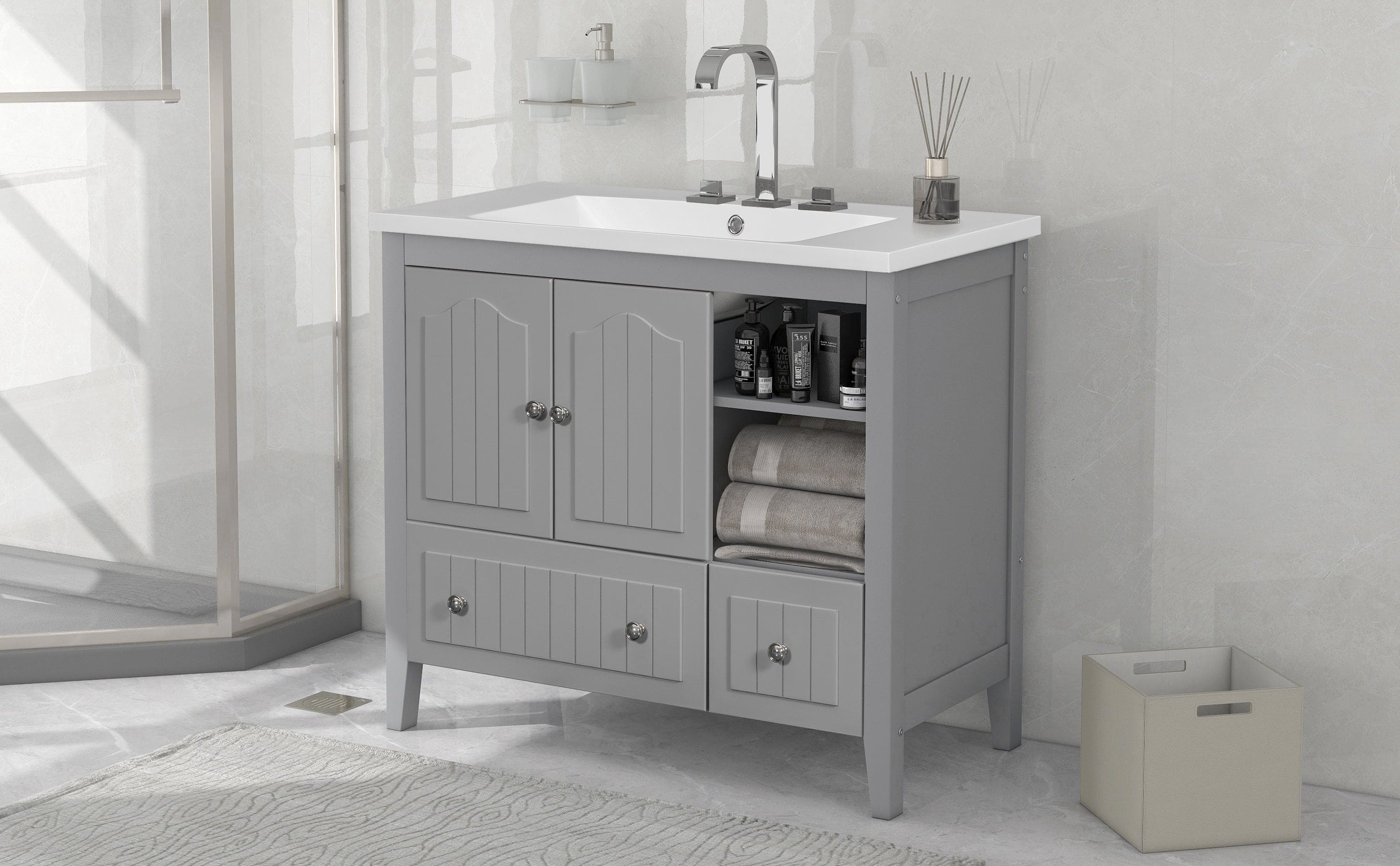 [VIDEO] 36" Bathroom Vanity with Ceramic Basin, Bathroom Storage Cabinet with Two Doors and Drawers, Solid Frame, Metal Handles, Grey (OLD SKU: JL000003AAE)