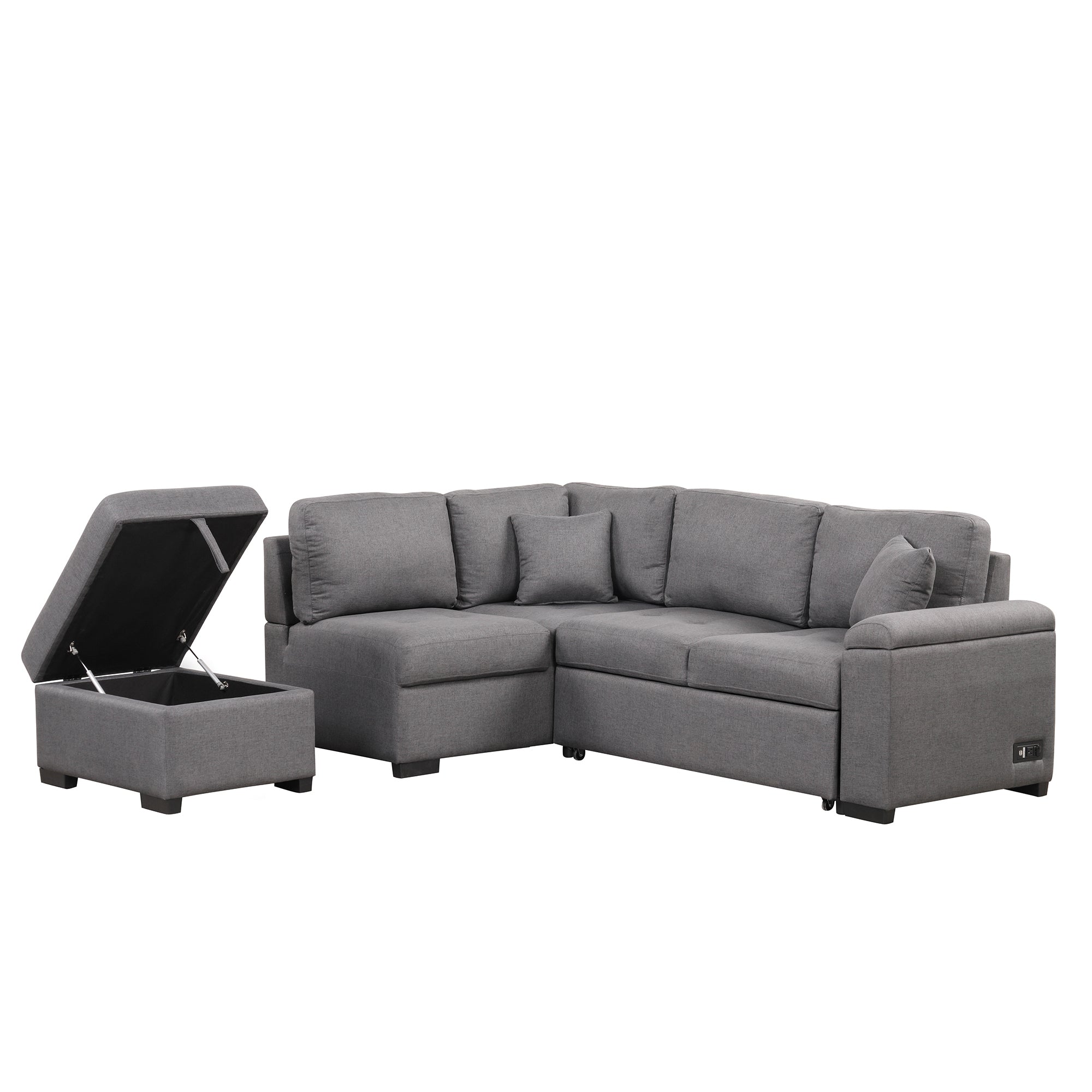 Sleeper Sectional Sofa, L-Shape Corner Couch Sofa-Bed with Storage Ottoman & Hidden Arm Storage & USB Charge  for Living Room Apartment, Dark Gray