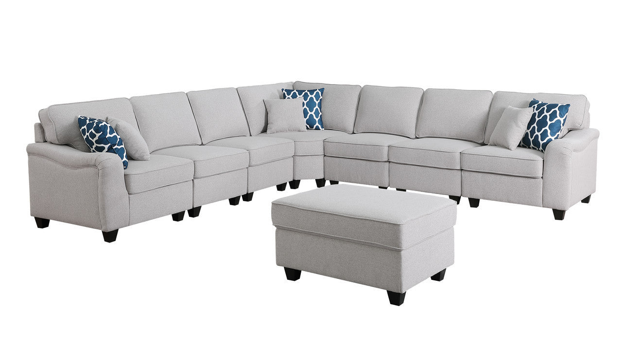 Leo Light Gray Linen 8Pc Modular L-Shape Sectional Sofa and Ottoman