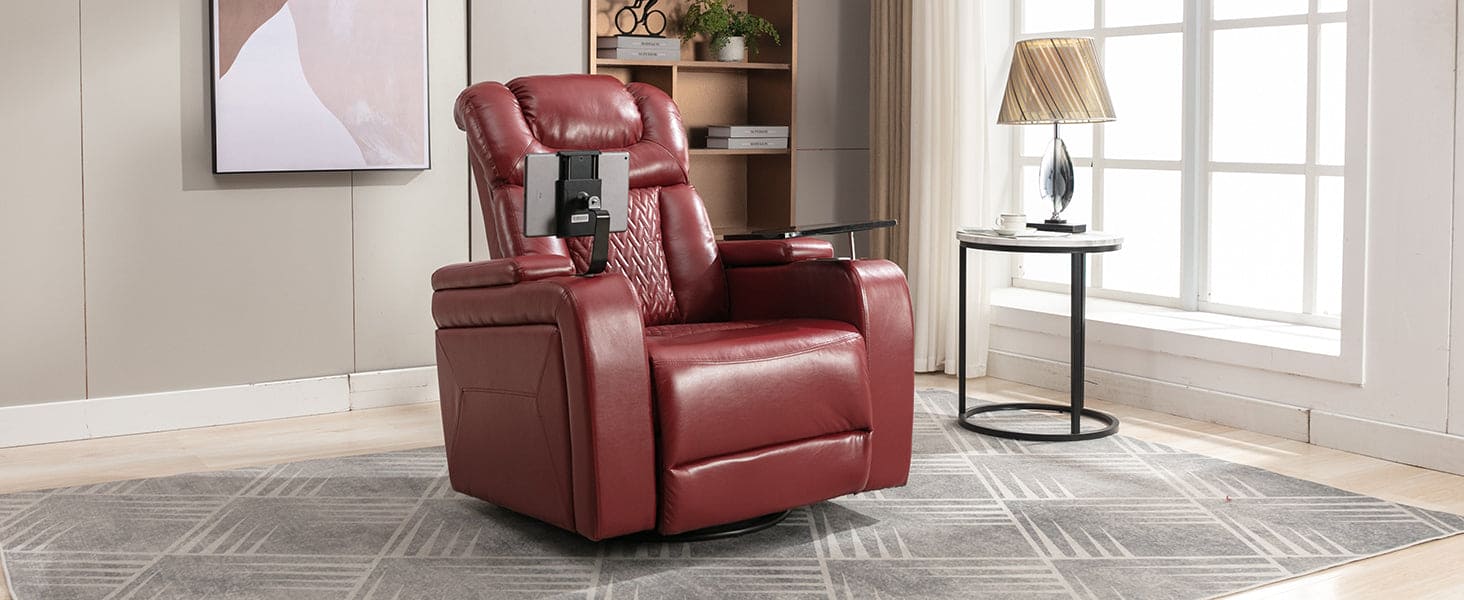 270 Degree Swivel PU Leather Power Recliner Individual Seat Home Theater Recliner with  Comforable Backrest, Tray Table,  Phone Holder, Cup Holder,  USB Port, Hidden Arm Storage for Living Room, Red