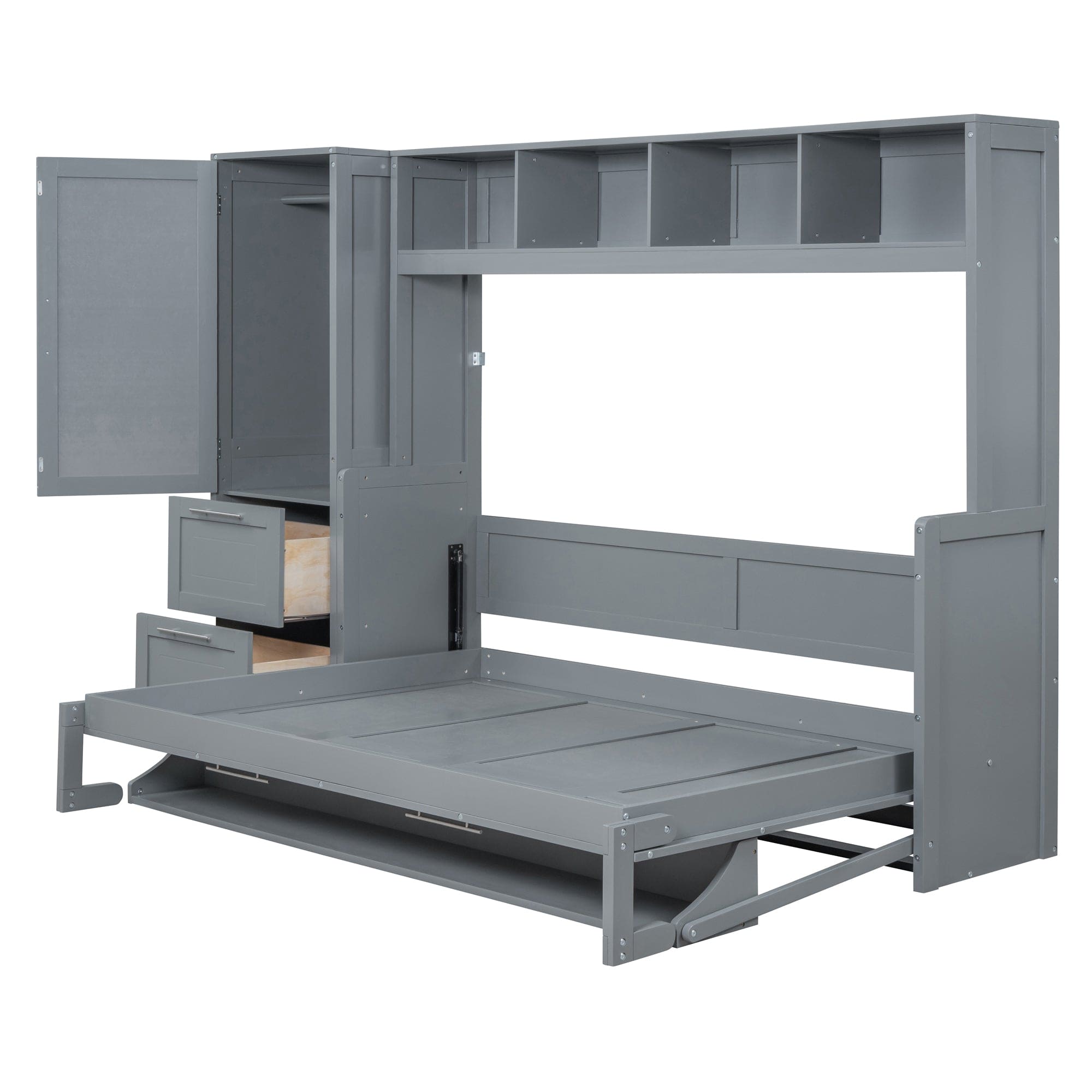 Queen Size Murphy Bed Wall Bed with Closet and Drawers,Gray