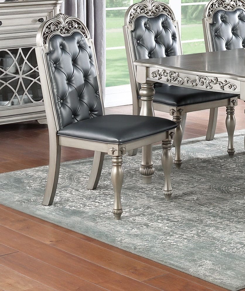 Traditional Formal Silver / Grey Finish 7pc Dining Set Table w 6x Side Chairs Rubber wood Intricate Design Tufted back Cushion Seat Dining Room Furniture