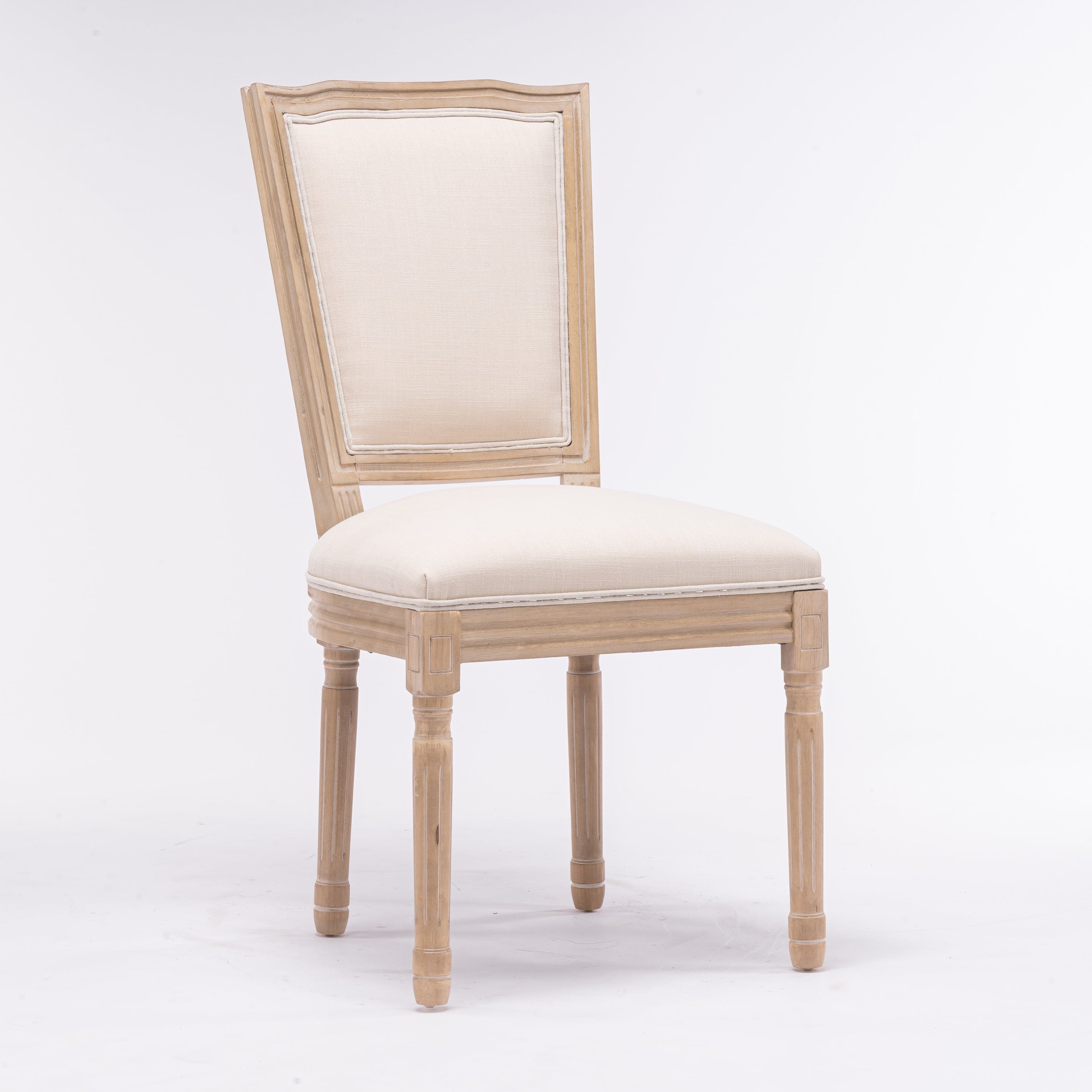 French Style Solid Wood Frame Antique Painting Linen Fabric Square  Back Dining Chair,Set of 2,Cream