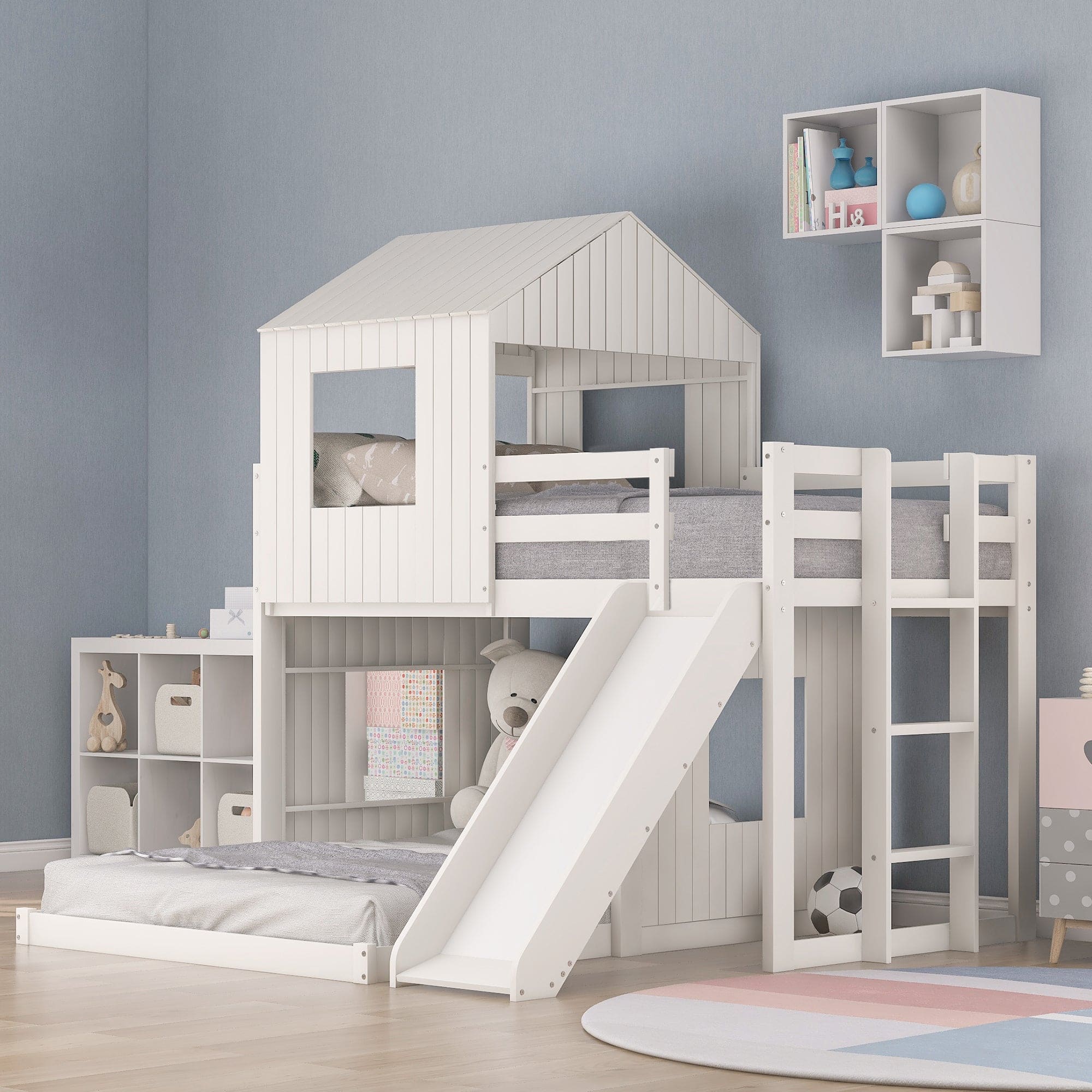 Wooden Twin Over Full Bunk Bed, Loft Bed with Playhouse, Farmhouse, Ladder, Slide and Guardrails, White(OLD SKU :LT000028AAK)