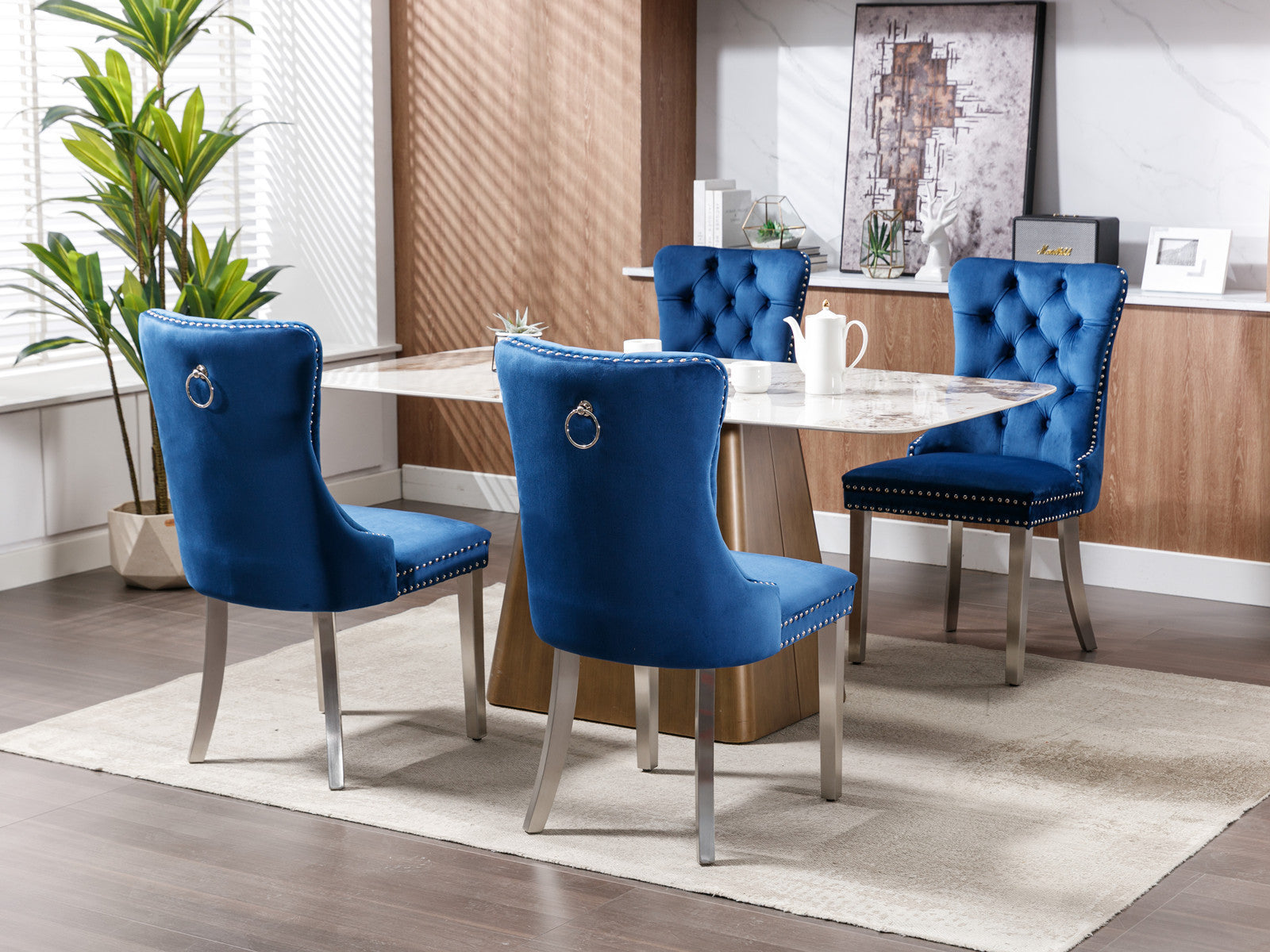 Nikki Collection Modern, High-end Tufted Solid Wood Contemporary Velvet Upholstered Dining Chair with Chrome Stainless Steel Plating Legs,Nailhead Trim,Set of 2,Blue and Chrome, SW1701BL