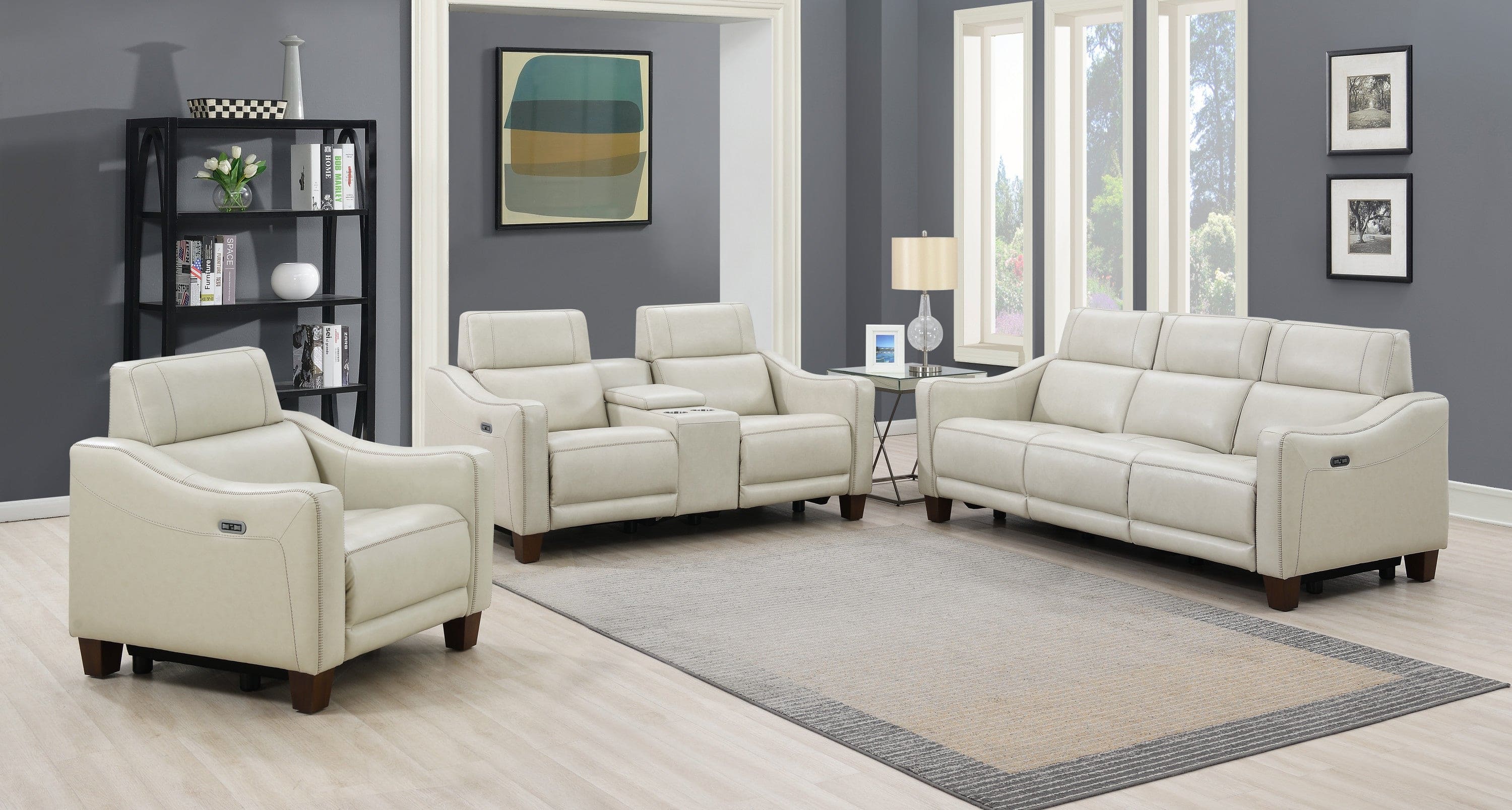 Transitional Dual-Power Leather Reclining Sofa - Wall-Saver Mechanism, Top Grain Leather - Ivory Color, Stylish Design