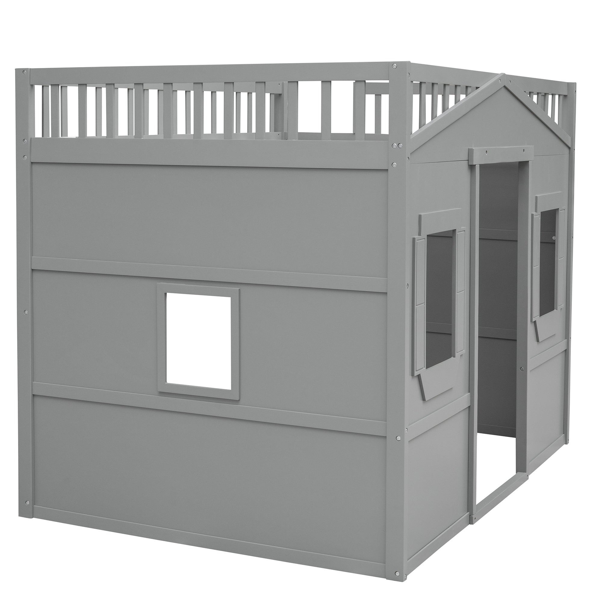 Full Size House Loft Bed With Ladder-Gray