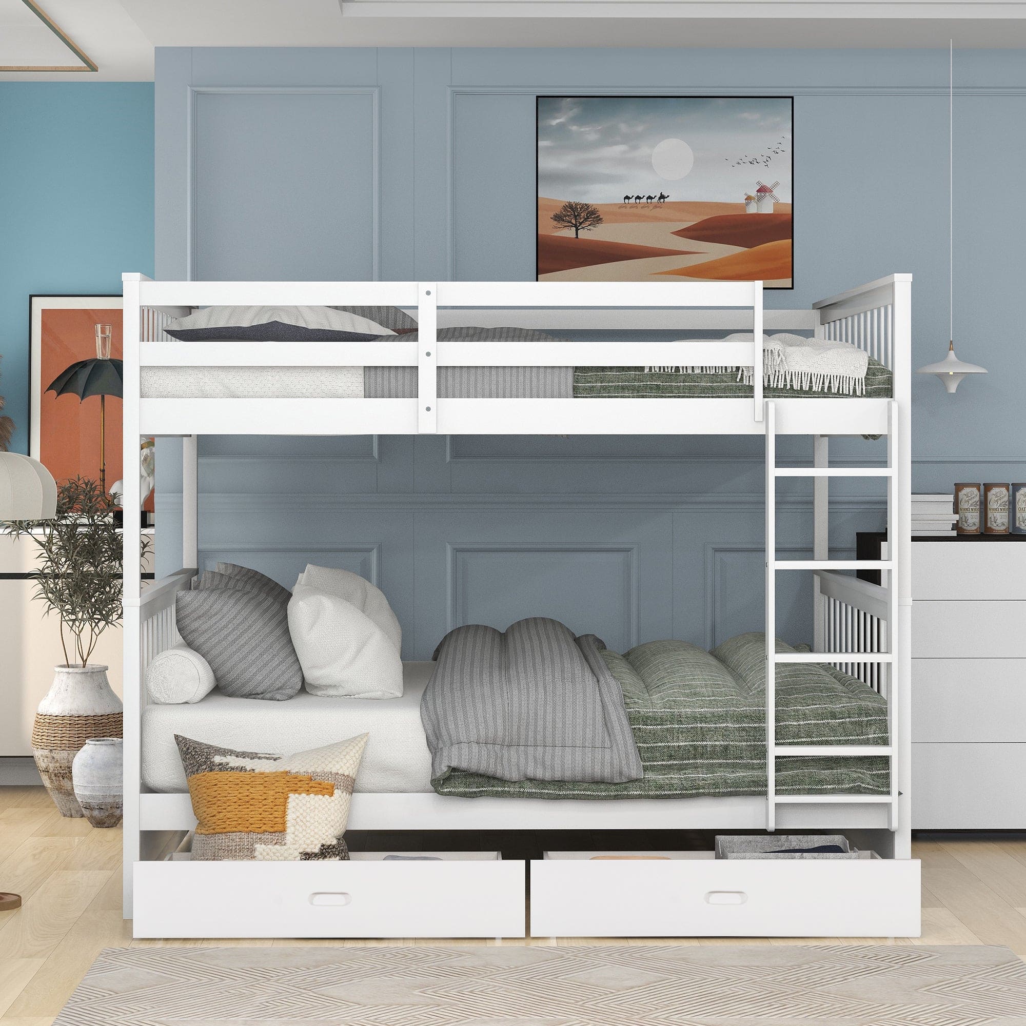 Full-Over-Full Bunk Bed with Ladders and Two Storage Drawers (White)(OLD SKU:LT000365AAK)