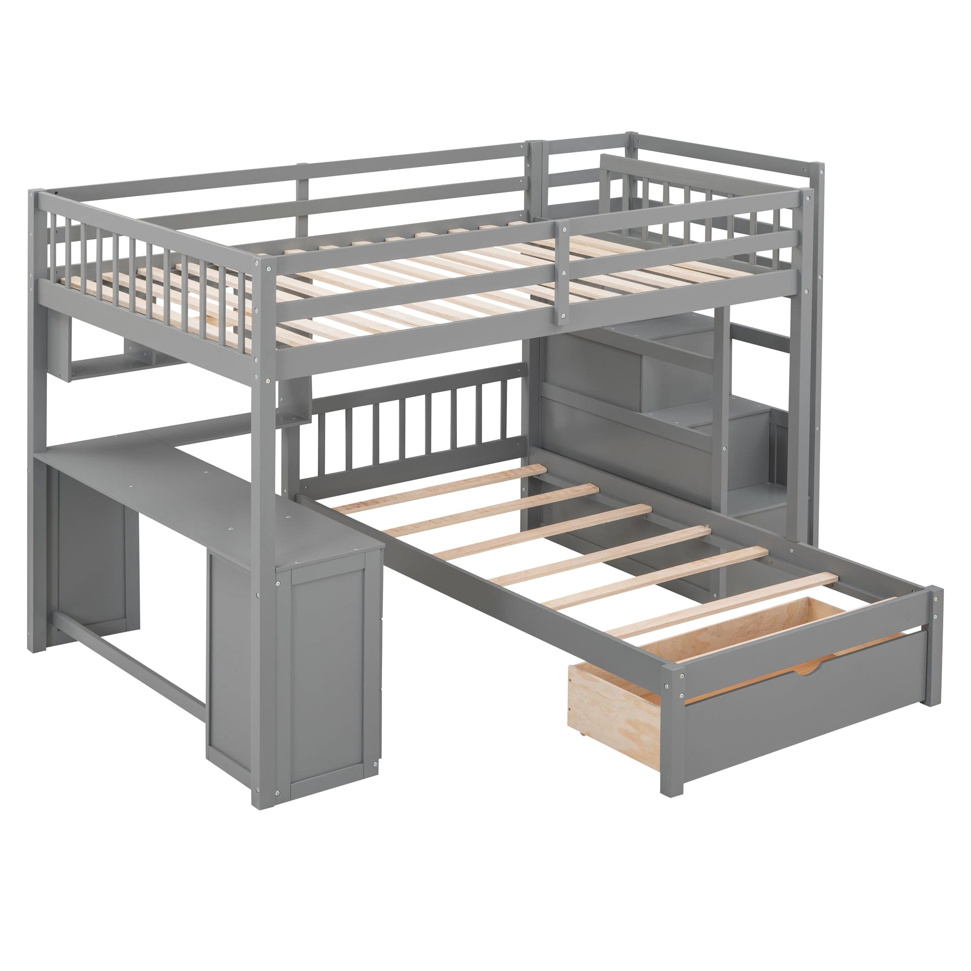 Full Over Twin Bunk Bed with Desk, Drawers and Shelves, Gray