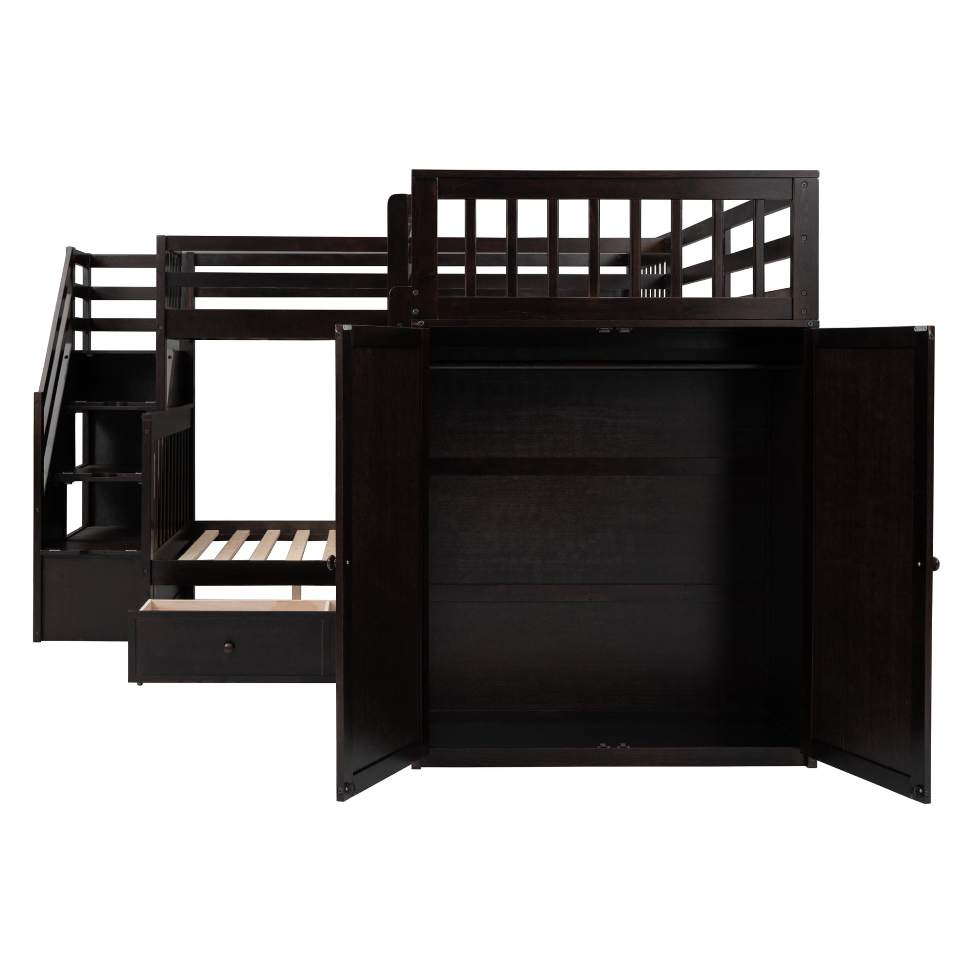 Twin-Twin over Full L-Shaped Bunk Bed With 3 Drawers, Portable Desk and Wardrobe, Espresso