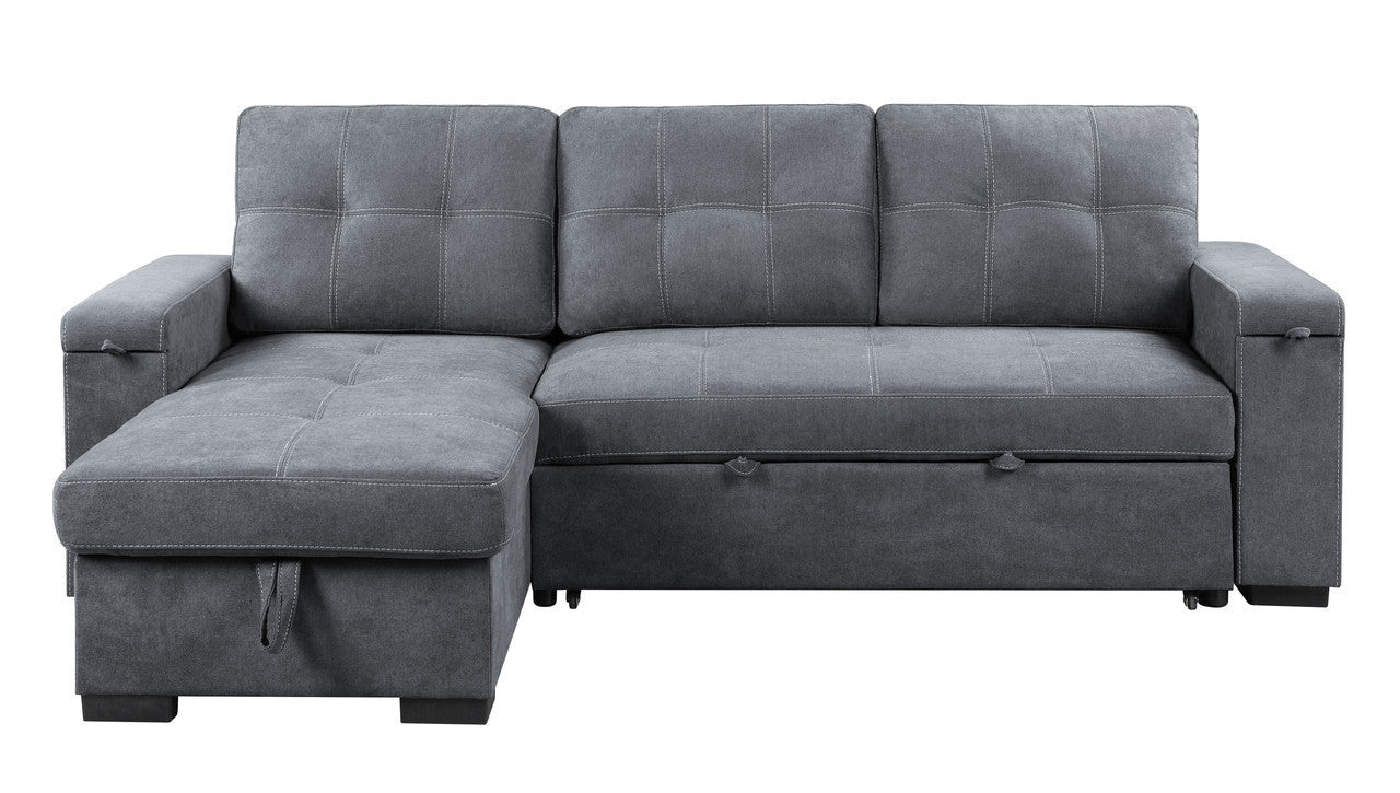 Toby Gray Woven Fabric Reversible Sleeper Sectional Sofa with Storage Chaise Cup Holder USB Ports and Pockets