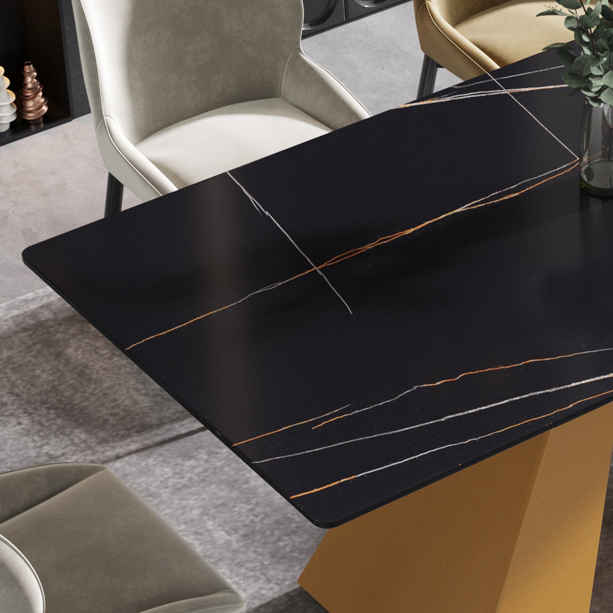 63"Modern artificial stone black straight edge golden metal leg dining table -6 people