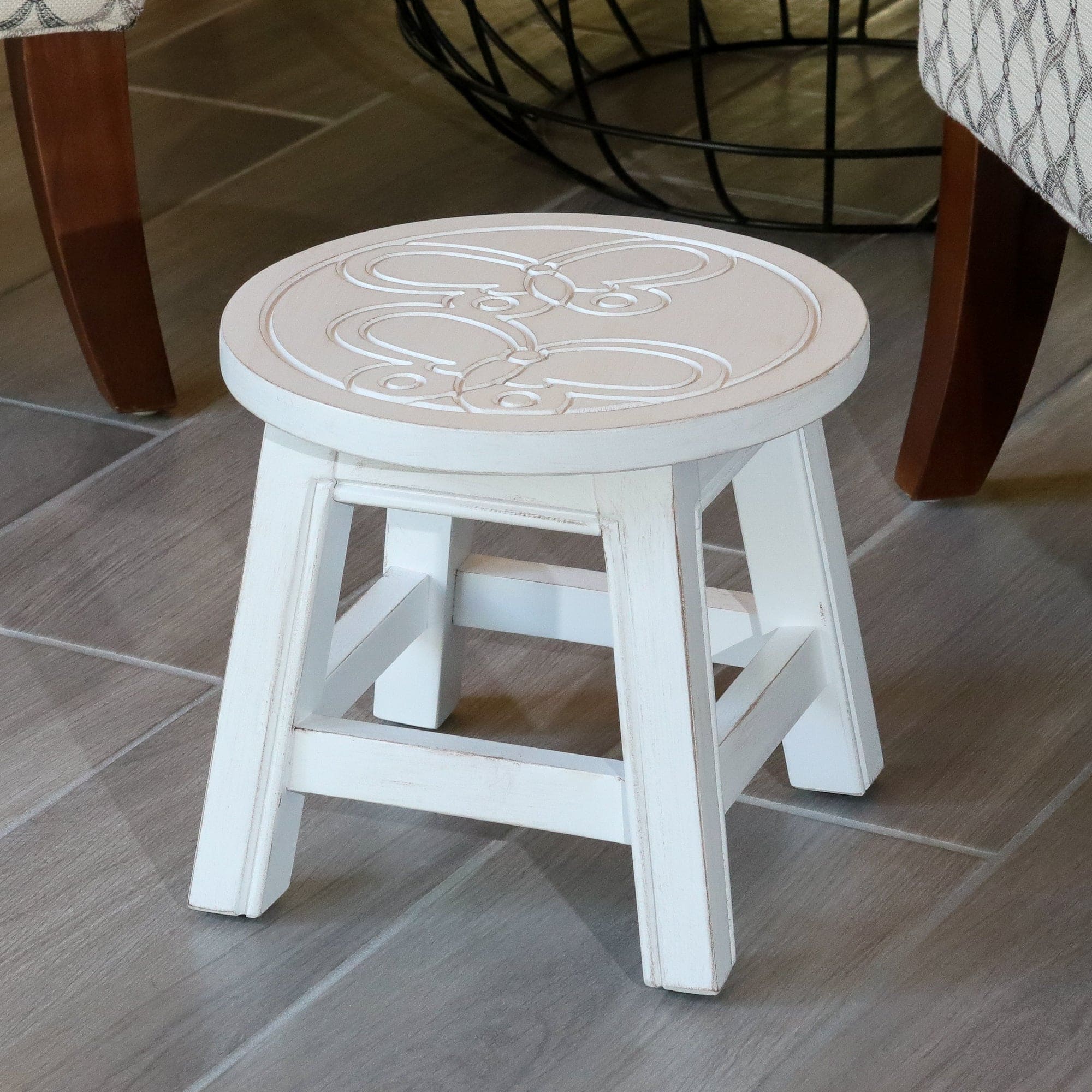 Carved Wooden Step Stool, Butterflies, Antique White