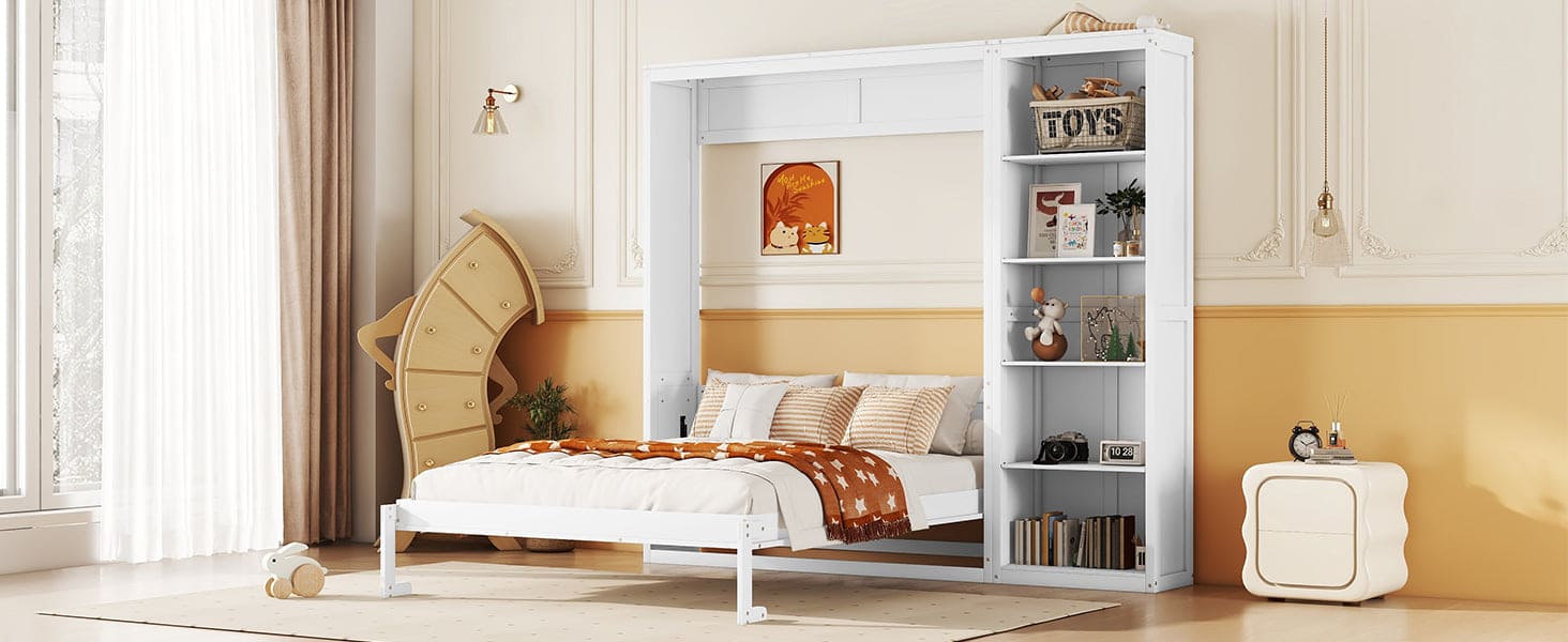 Full Size Murphy Bed Wall Bed with Shelves,White