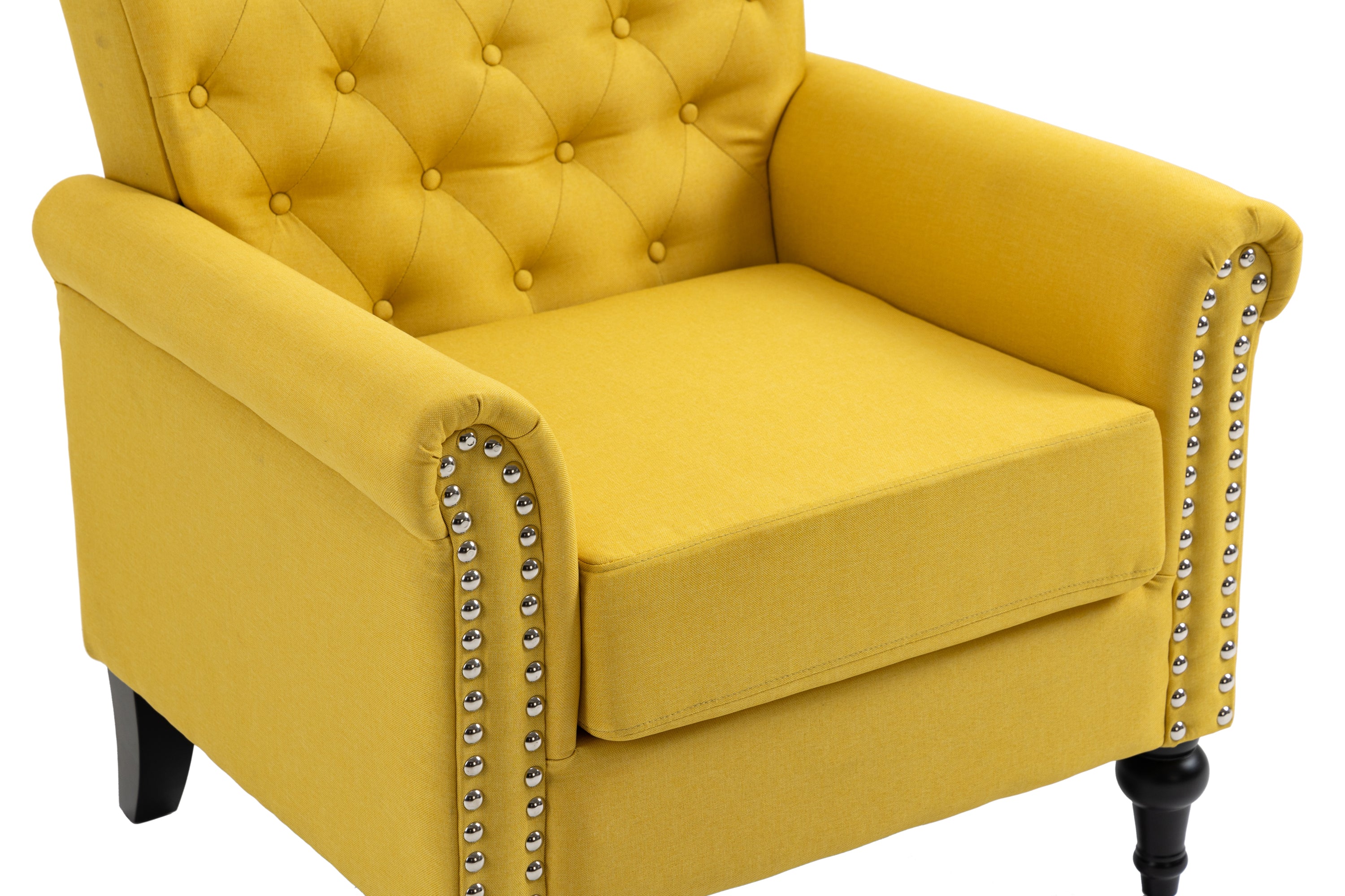 Mid-Century Modern Accent Chair, Linen Armchair w/Tufted Back/Wood Legs, Upholstered Lounge Arm Chair Single Sofa for Living Room Bedroom, YELLOW