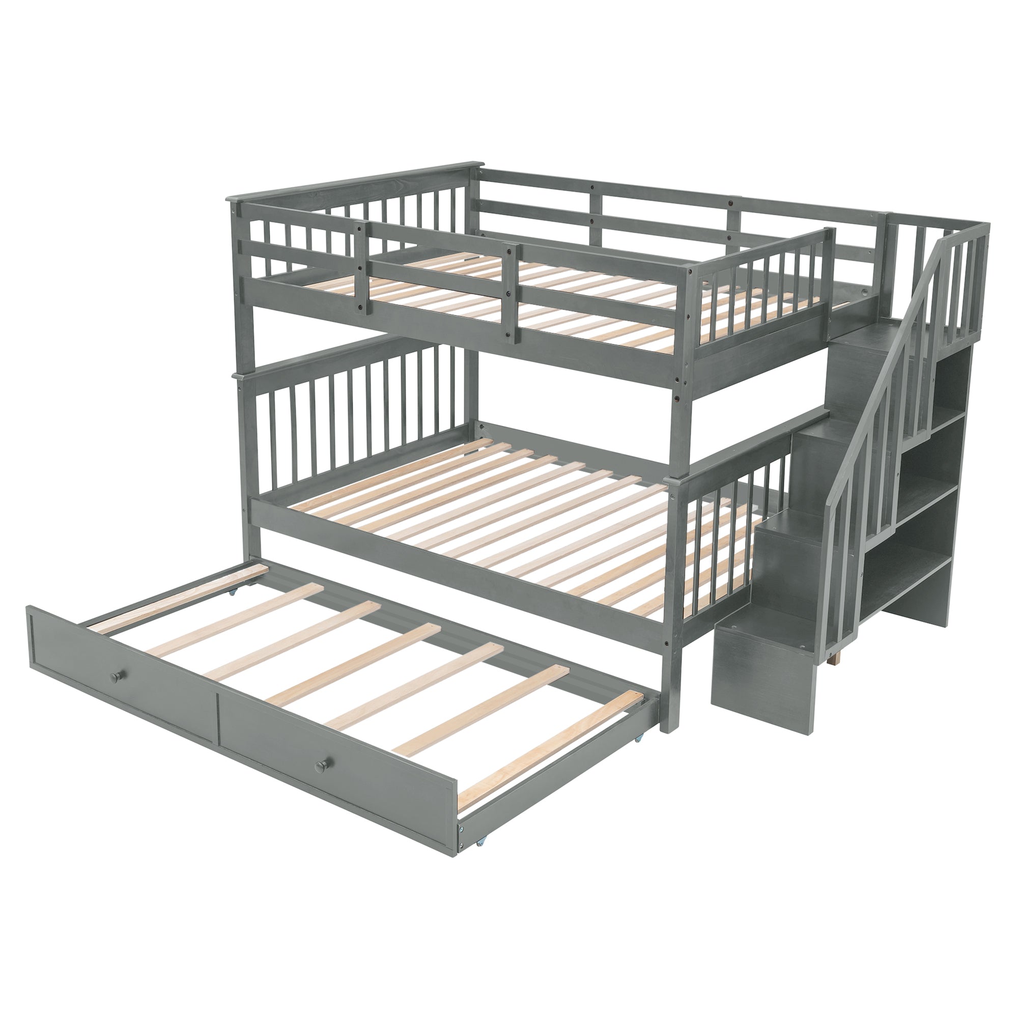 Stairway Full-Over-Full Bunk Bed with Twin size Trundle, Storage and Guard Rail for Bedroom, Dorm - Gray(OLD SKU :LP001210AAE)