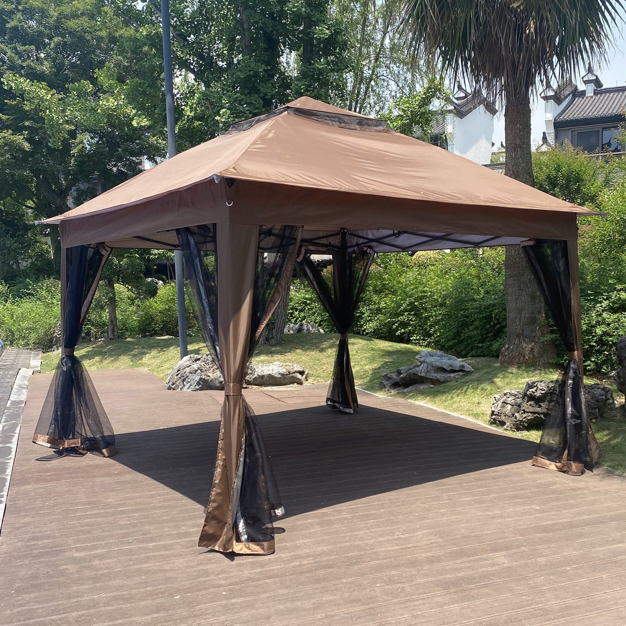 Outdoor 11x 11Ft Pop Up Gazebo Canopy With Removable Zipper Netting,2-Tier Soft Top Event Tent,Suitable For Patio Backyard Garden Camping Area with 4 Sandbags,Brown