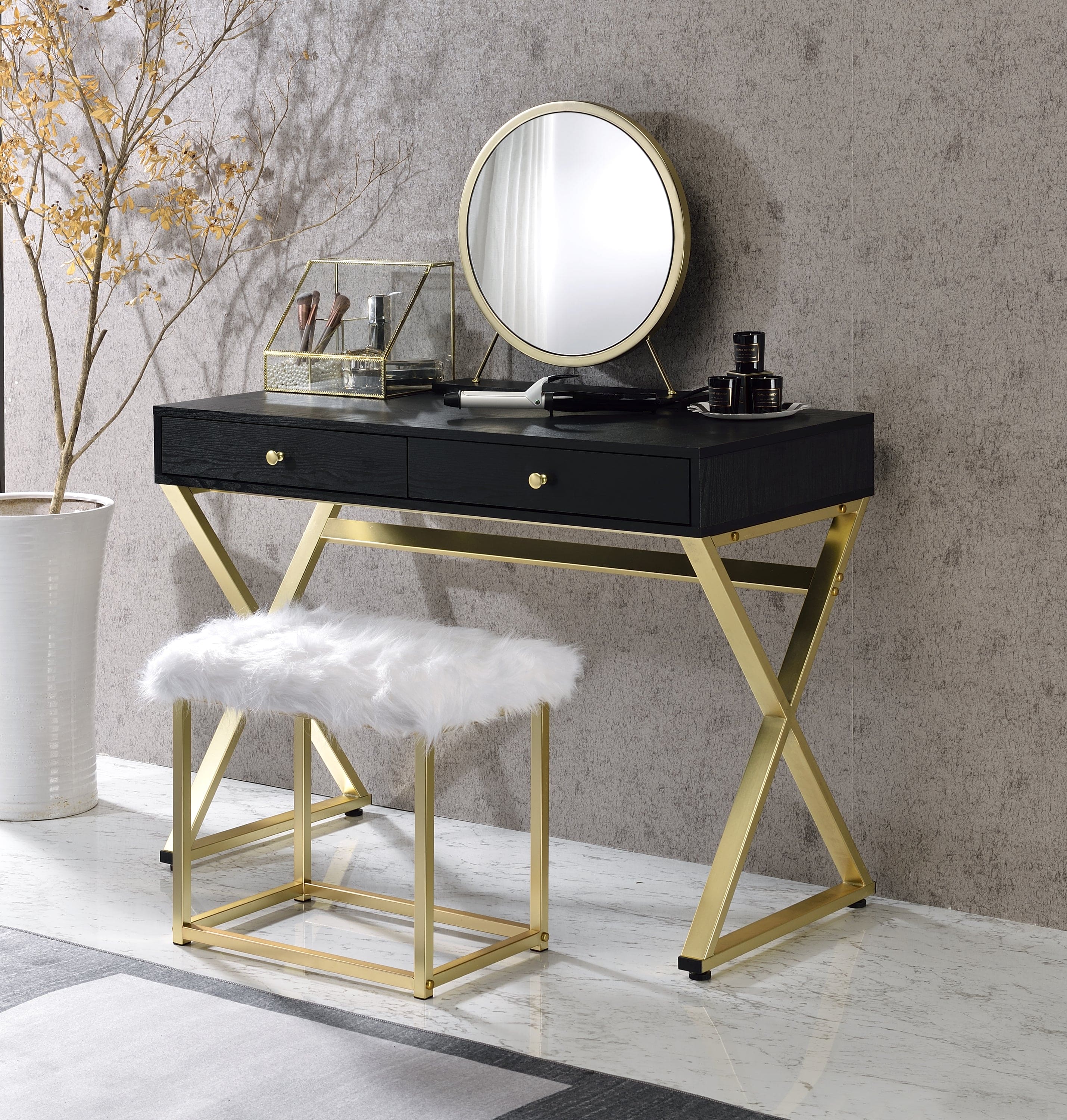 ACME Adao Vanity Mirror & Stool in Faux Fur, Mirror, Black & Brass Finish AC00931