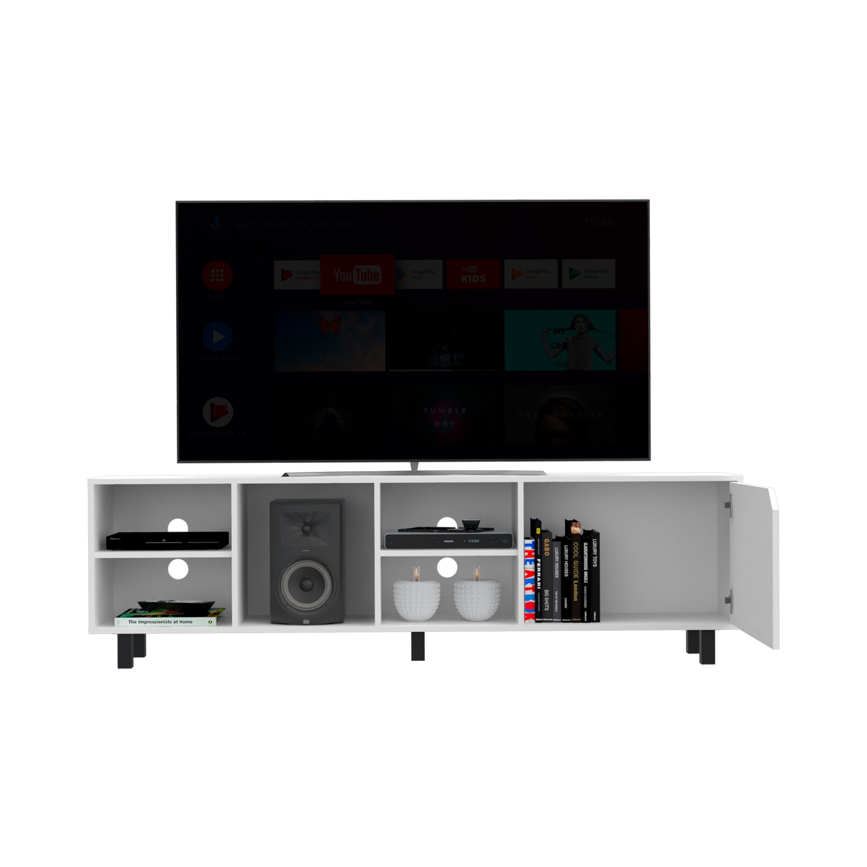 TV Stand for TV´s up 70" Estocolmo, Four Open Shelves, White Finish