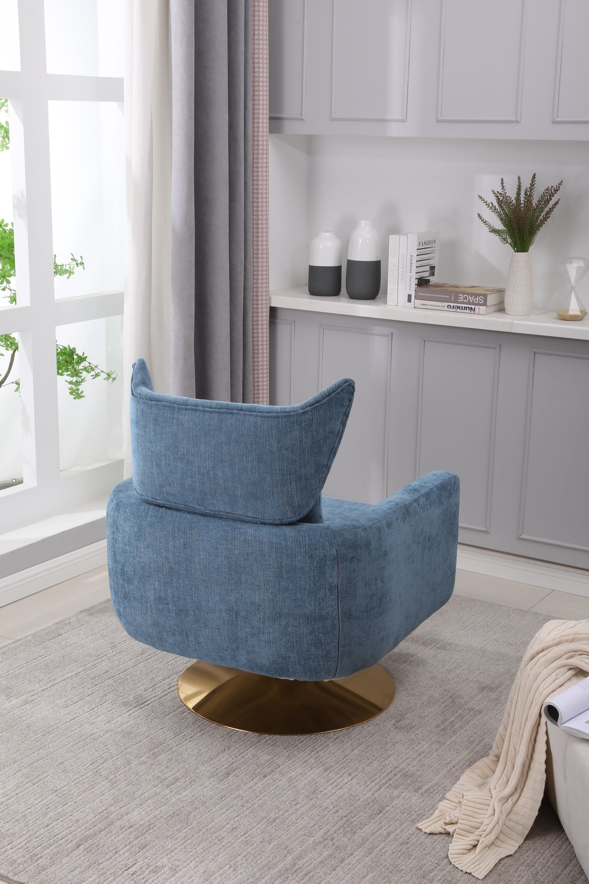 Classic Mid-Century 360-degree Swivel  Accent Chair, Blue Linen