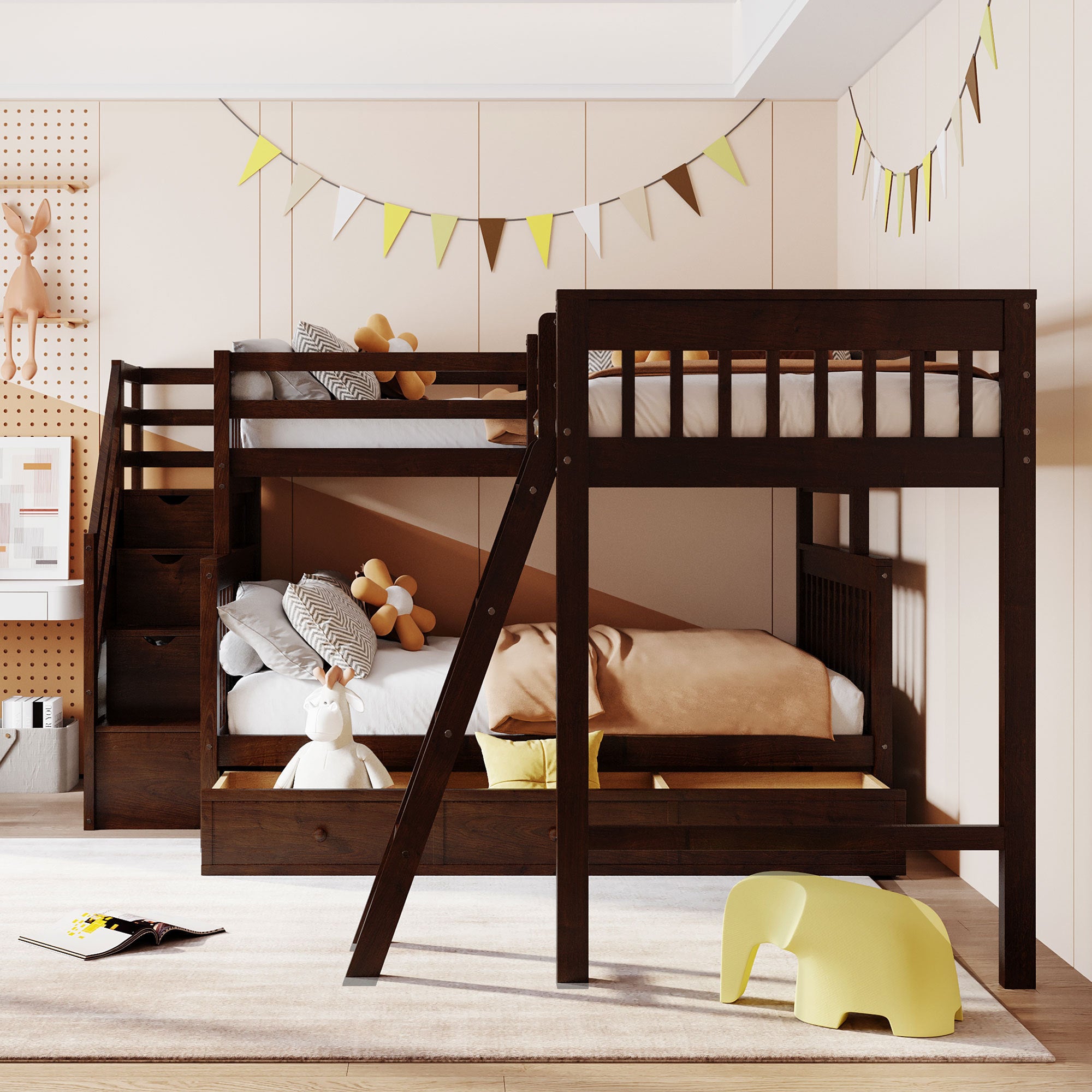 Twin over Full L-Shaped Bunk Bed With 3 Drawers, Ladder and Staircase - Espresso