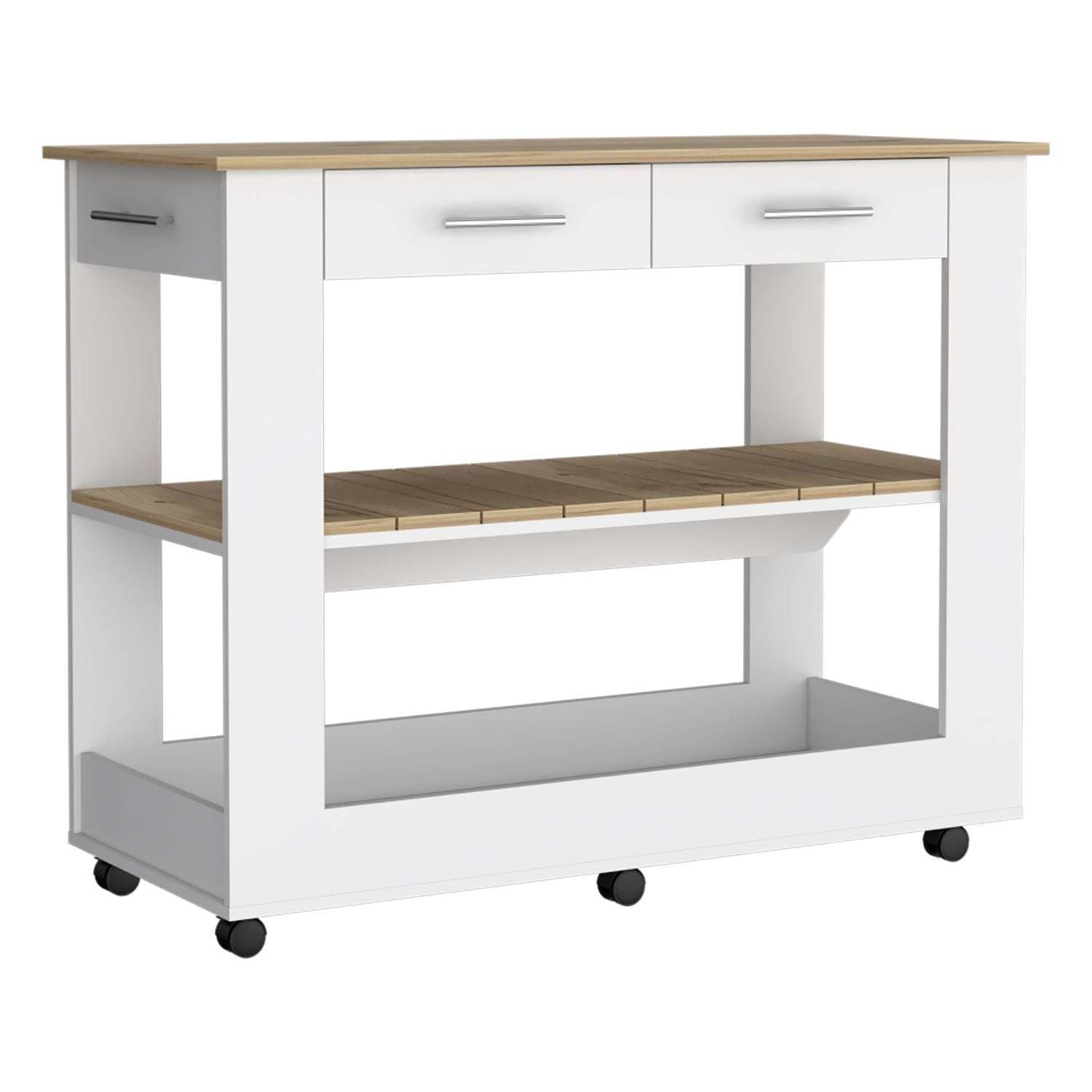 DEPOT E-SHOP Delos 46 Kitchen Island White, Six Casters, Two Drawers, Lower Open Shelf, White / Light Oak