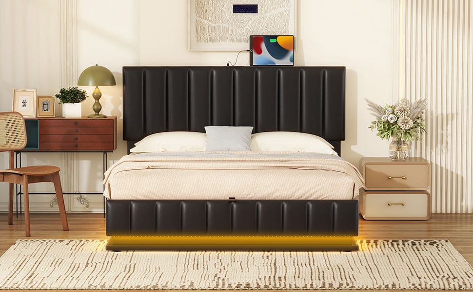 Queen Size Upholstered Bed with Hydraulic Storage System and LED Light, Modern Platform Bed with Sockets and USB Ports, Black