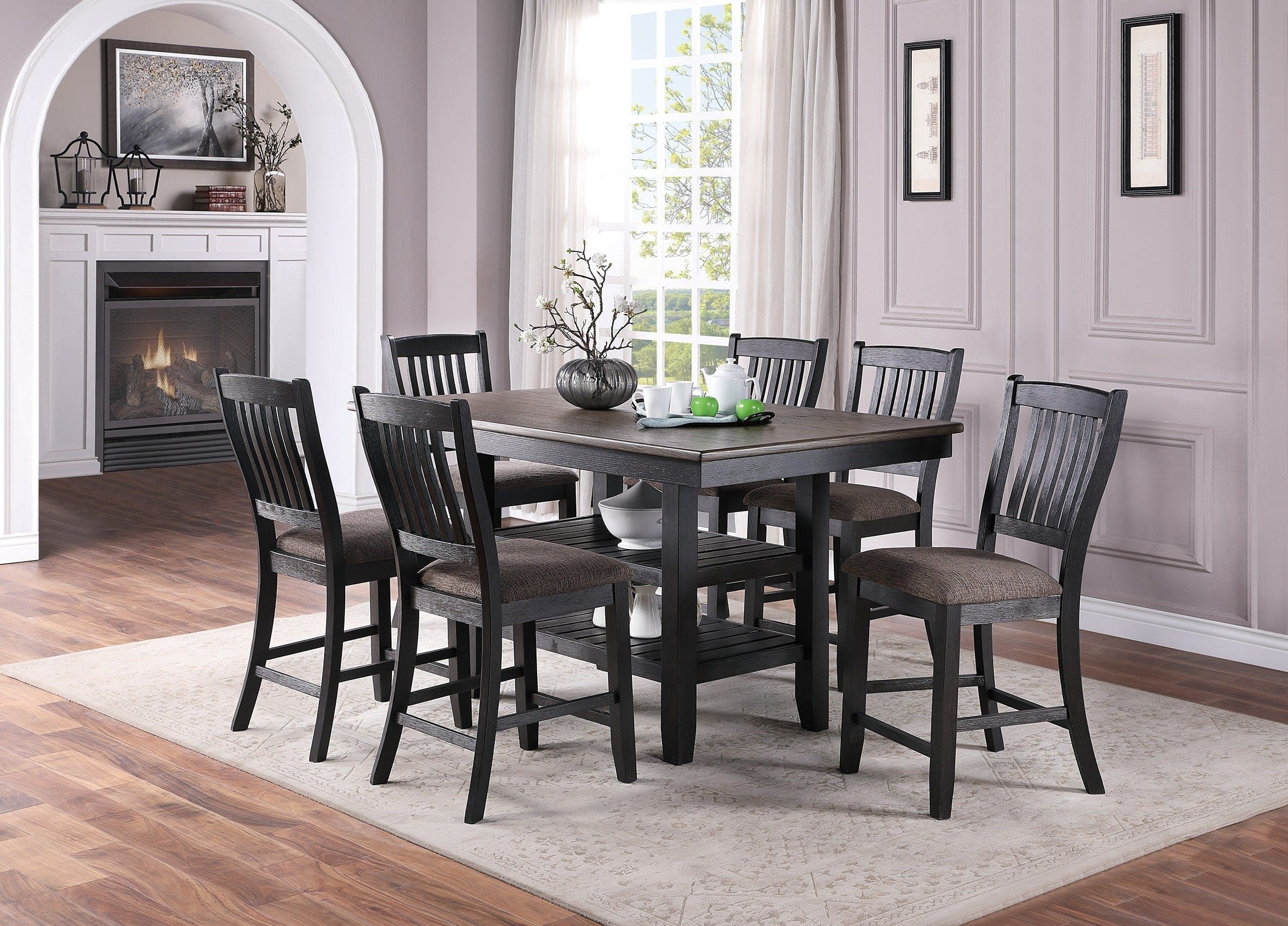 Dark Coffee Classic Wood Kitchen Dining Room Set of 2 High Chairs Fabric upholstered Seat Unique Design Back Counter Height Chairs