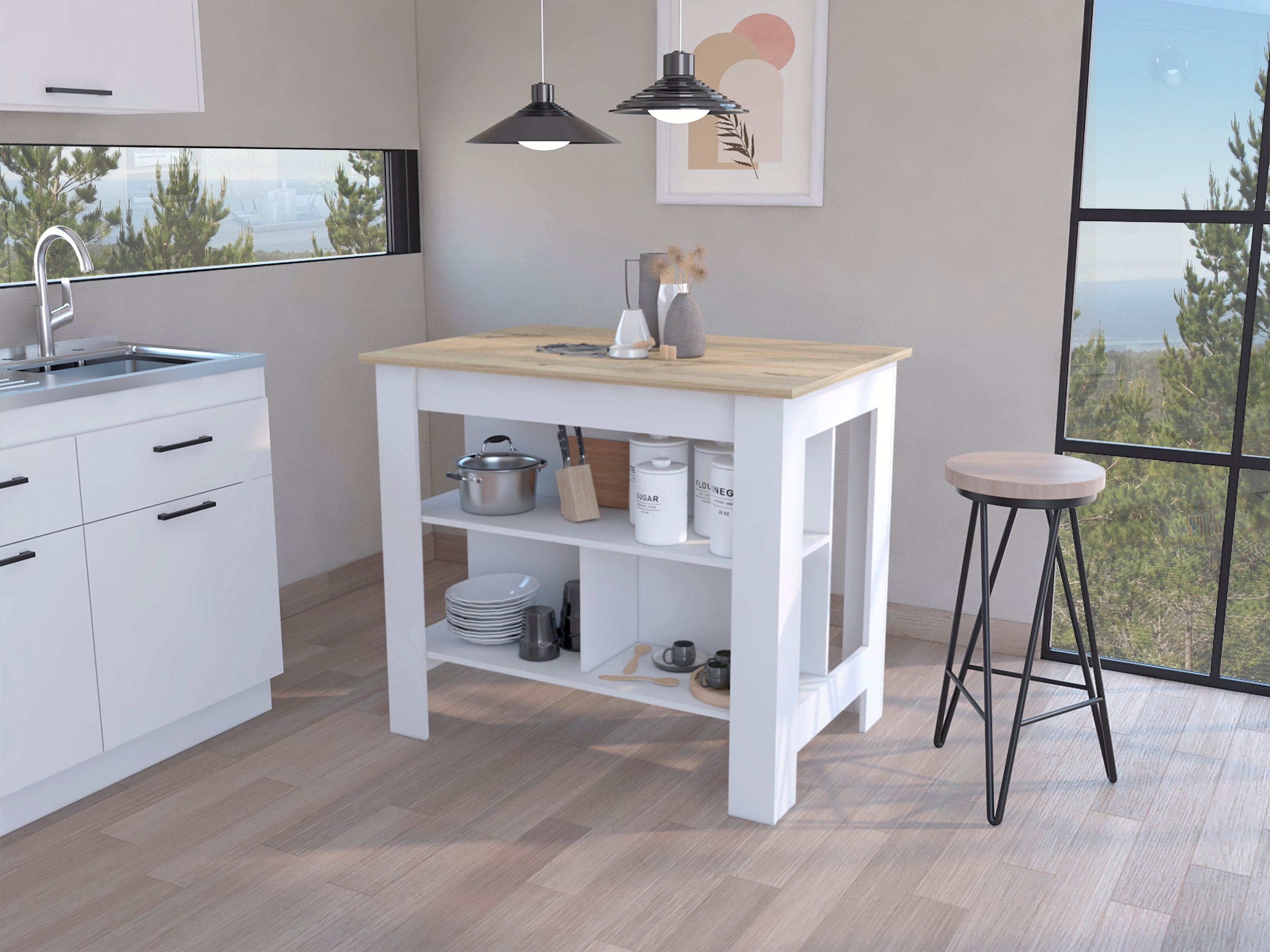 Rockaway 3-Shelf Kitchen Island White and Light Oak