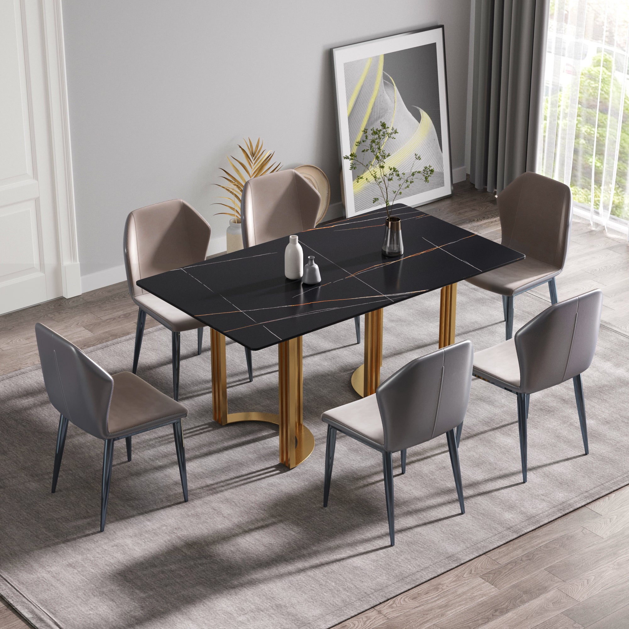 63"Modern artificial stone black straight edge golden metal leg dining table -6 people