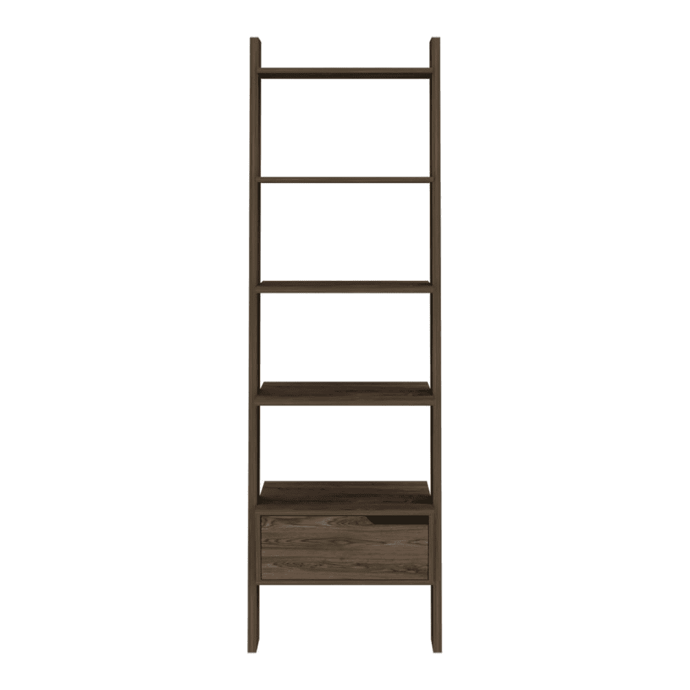 Ladder Bookcase Bull, One Drawer, Five Open Shelves, Dark Walnut Finish