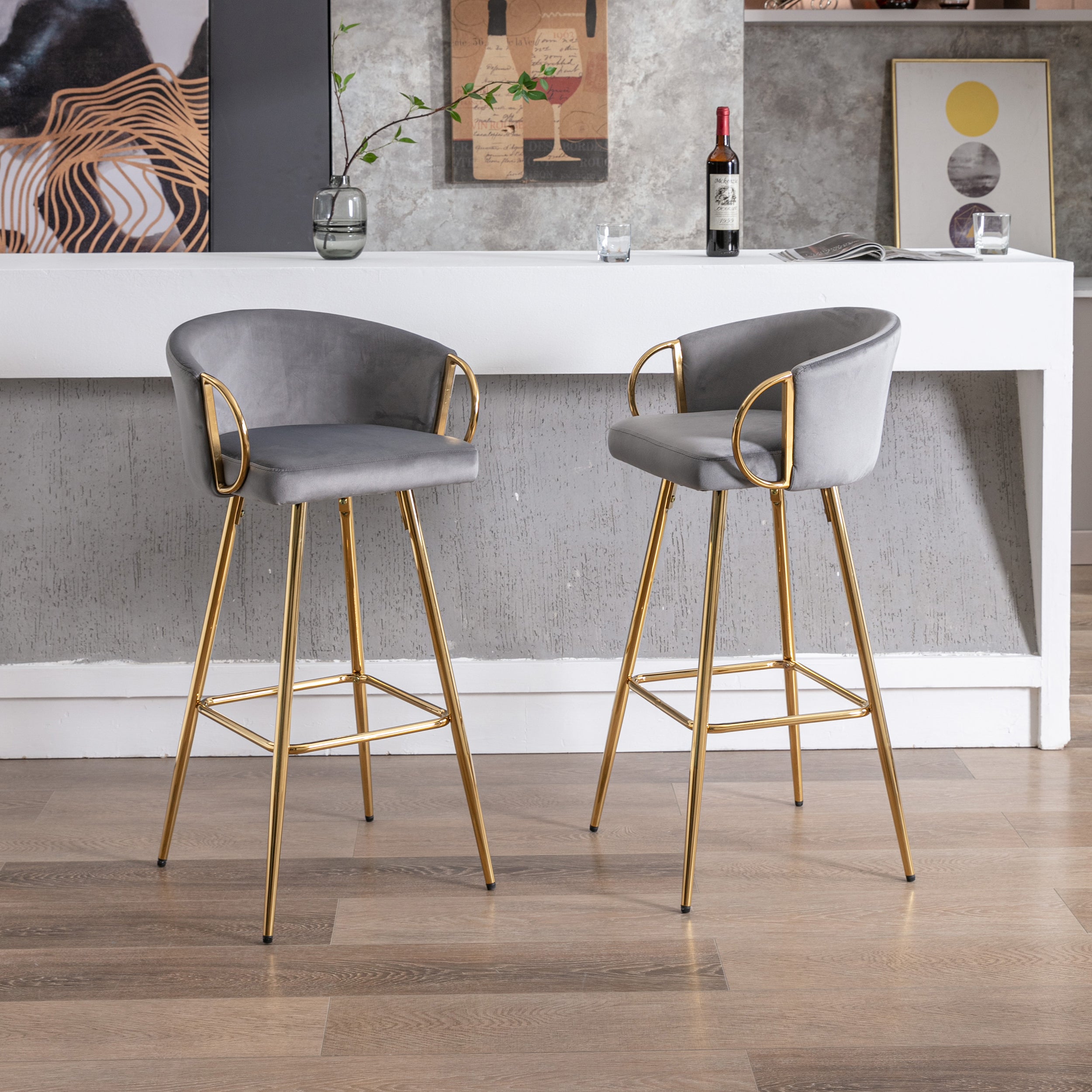 26 Inch Set of 2 Bar Stools,with Chrome Footrest and Base Velvet + Golden Leg Simple Bar Stool,GRAY