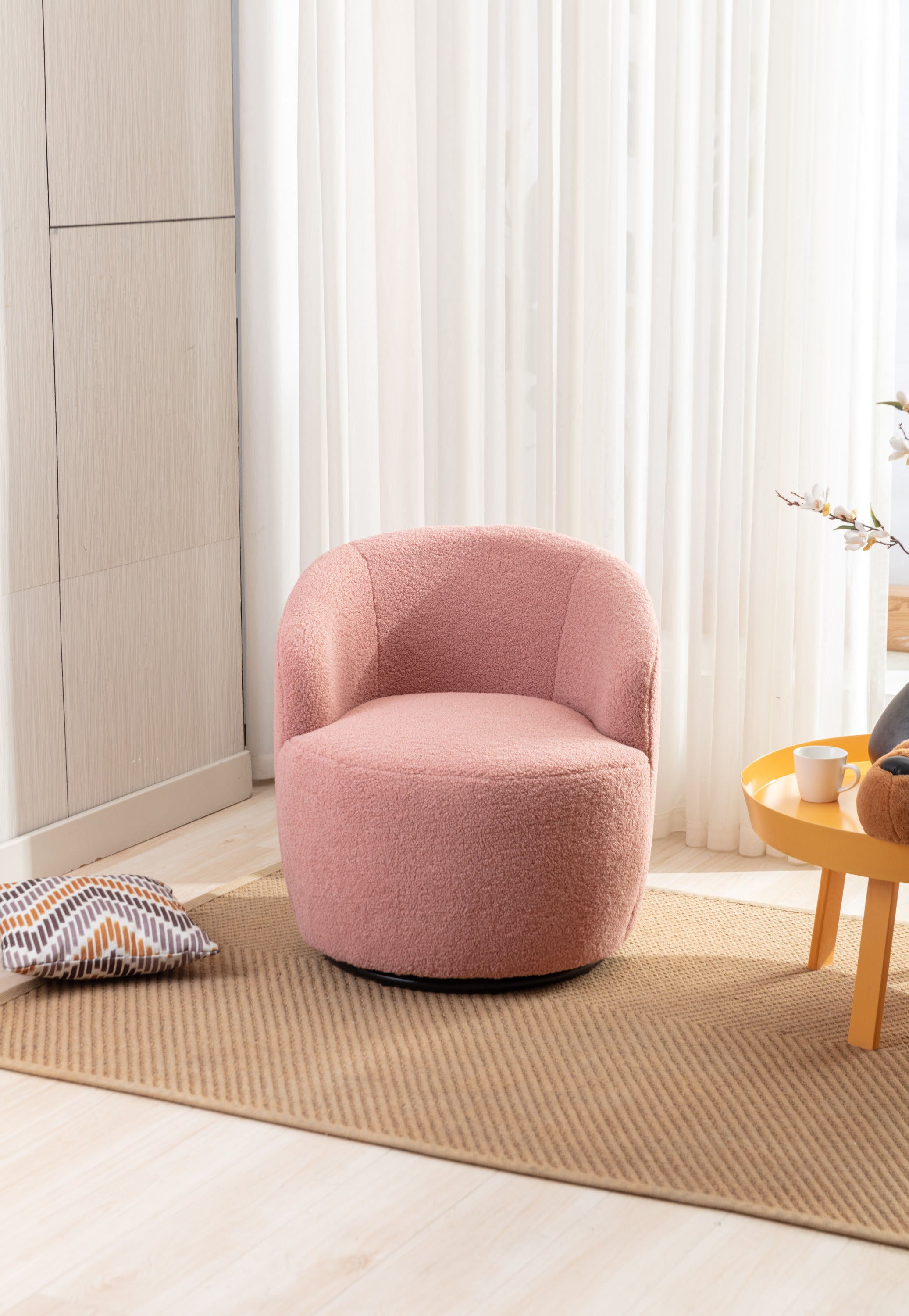 Teddy Fabric Swivel Accent Armchair Barrel Chair With Black Powder Coating Metal Ring,Light Pink