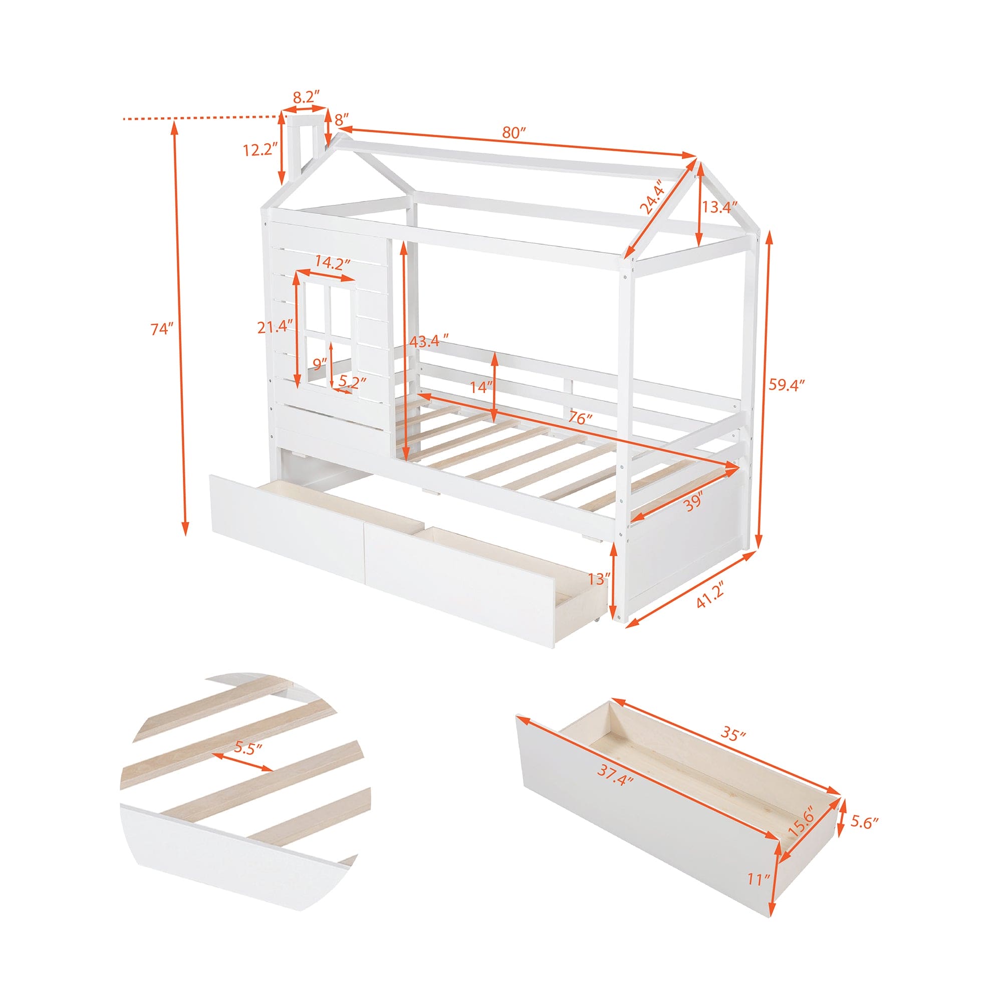 Twin Size House Bed Wood Bed with Two Drawers ( White )