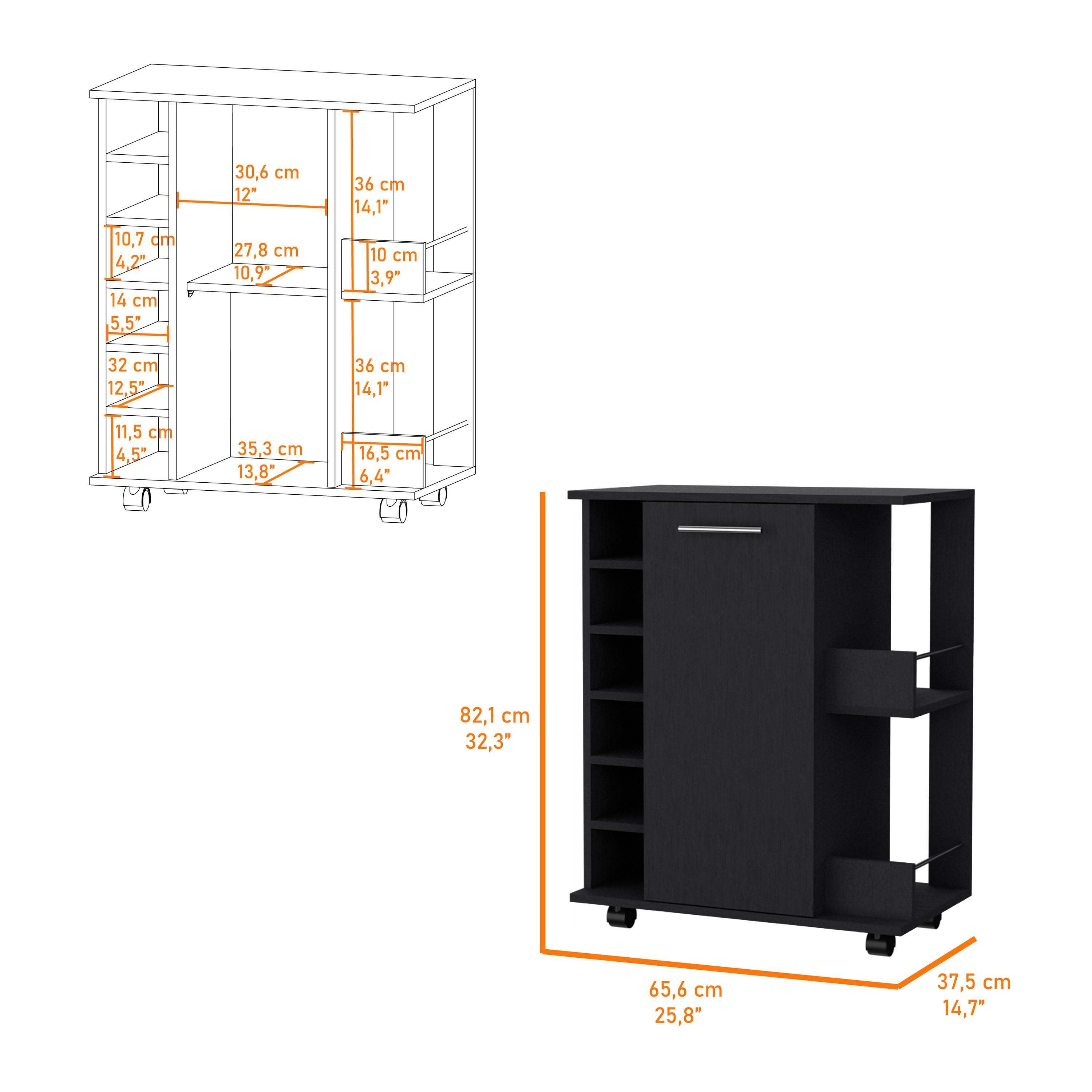 Woodland Bar Cart with Casters, Wine Rack and Open Shelf Black