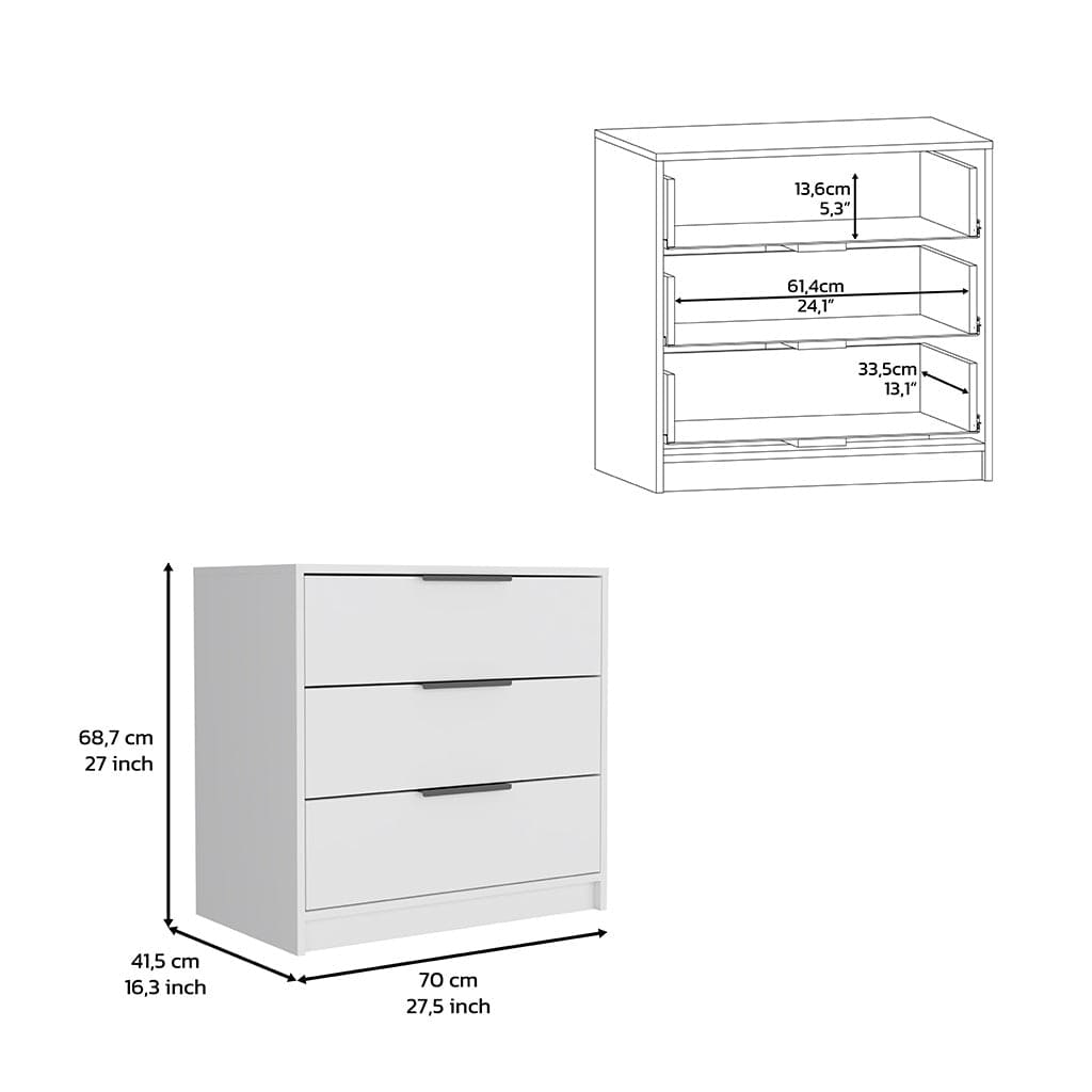 3 Drawers Dresser Maryland, Superior Top, White Finish