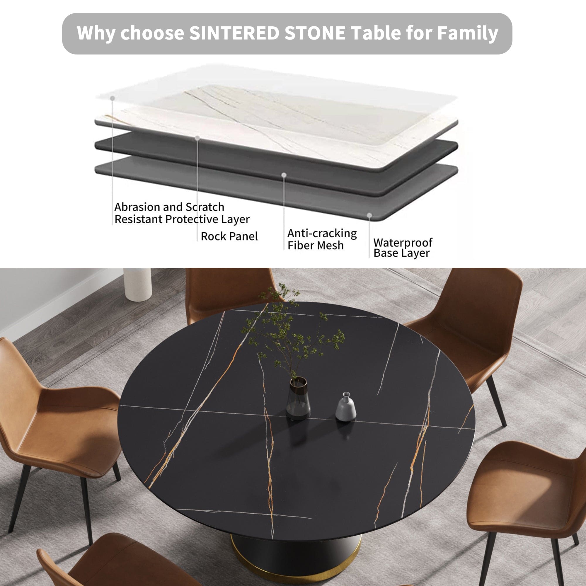 59.05"Modern artificial stone round black carbon steel base dining table-can accommodate 6 people