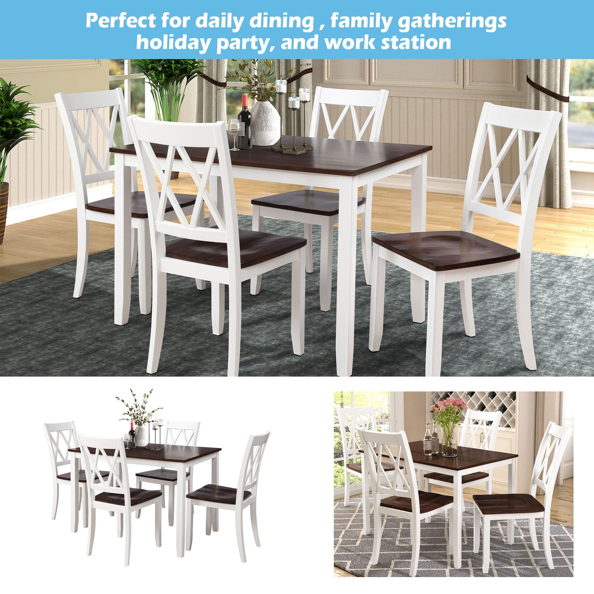 TOPMAX 5-Piece Dining Table Set Home Kitchen Table and Chairs Wood Dining Set, White+Cherry