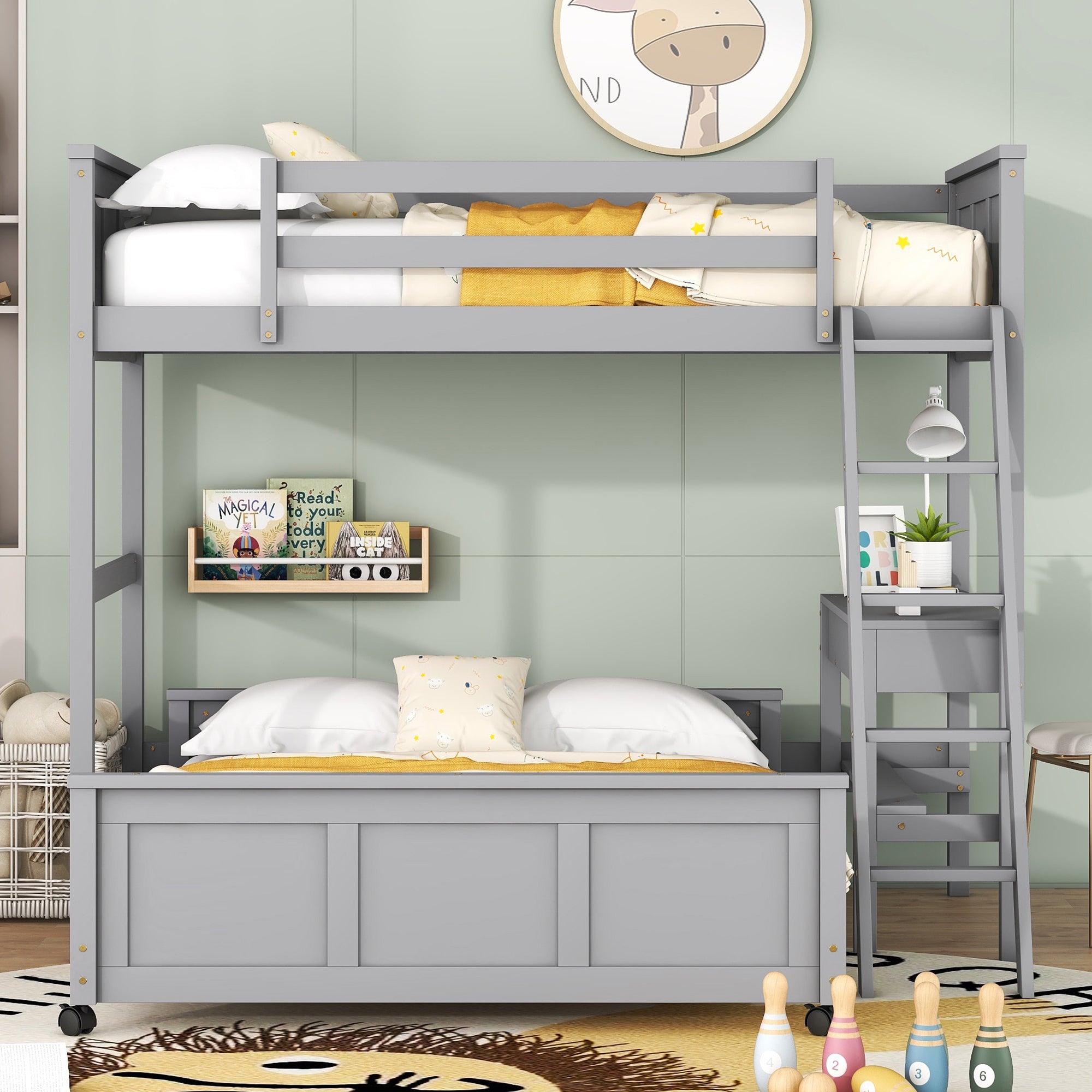 Twin Over Full Bunk Bed with Desk, Gray