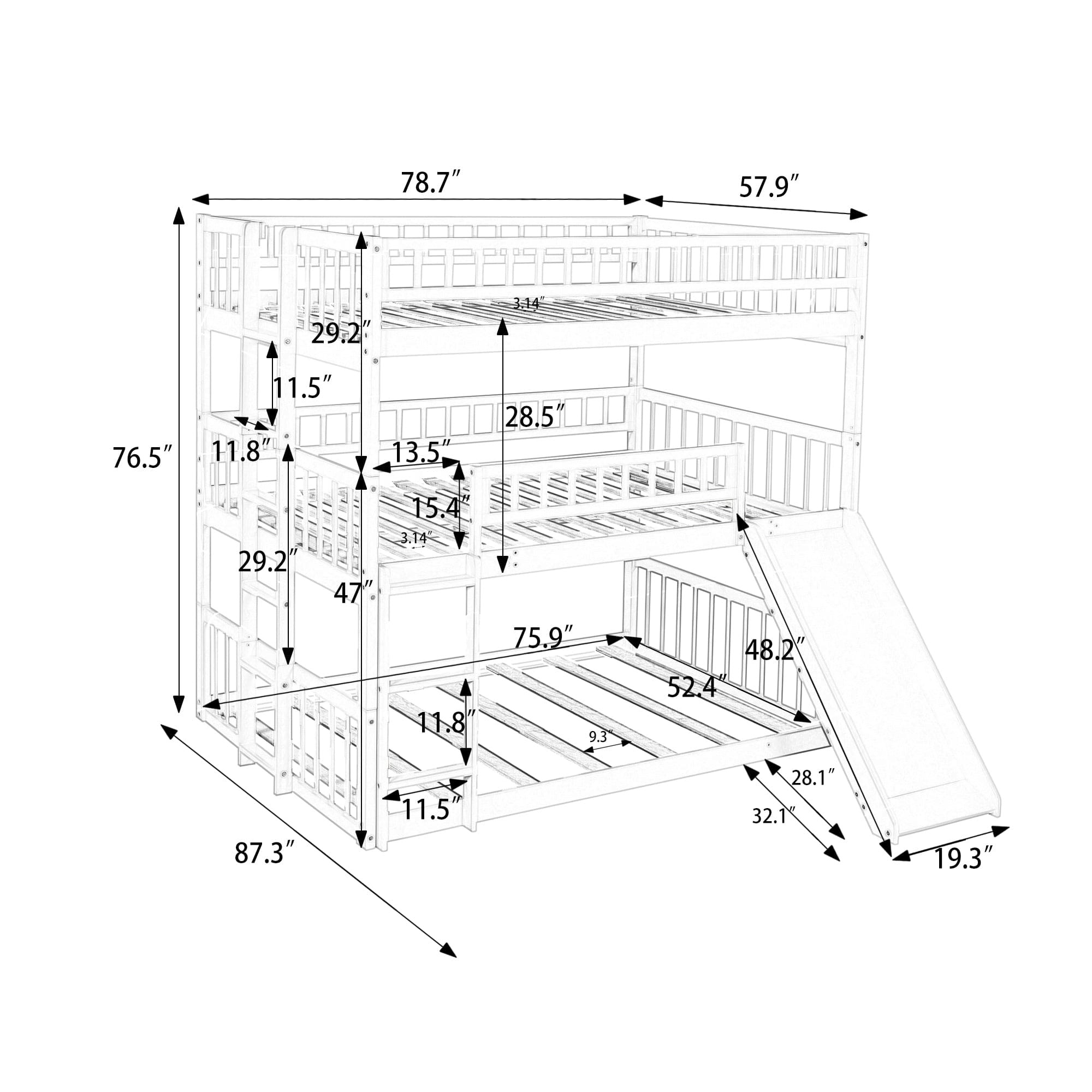 Full-Over-Full-Over-Full Triple Bed with Built-in Ladder and Slide , Triple Bunk Bed with Guardrails, Gray(OLD SKU :LP000052AAE)