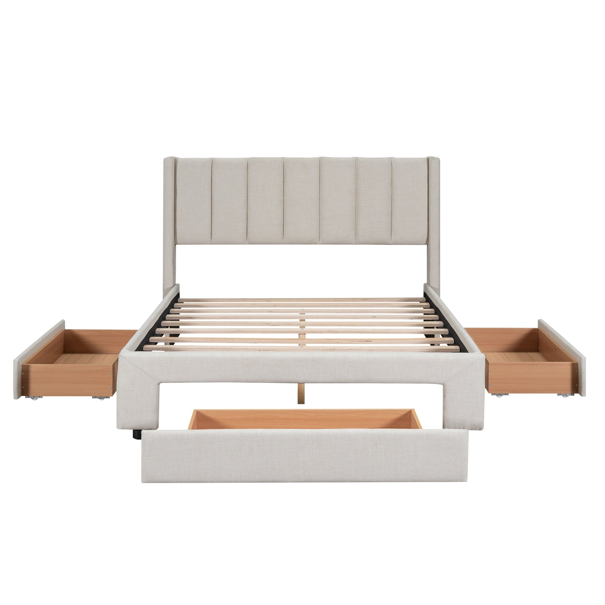 Full Size Upholstered Platform Bed with One Large Drawer in the Footboard and Drawer on Each Side,Beige