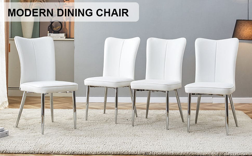 Modern minimalist dining chairs, office chairs. 4-piece set of white PU seats with silver metal legs. Suitable for restaurants, living rooms, and offices. C-008